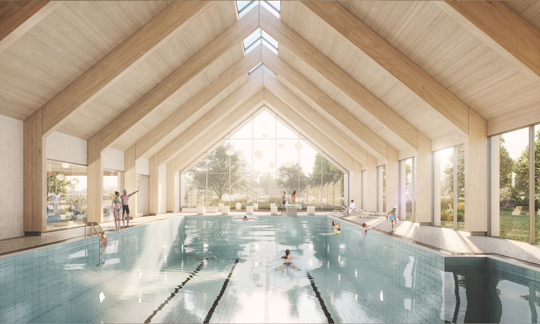 Wettbewerbsvisualisierung einer Schwimmhalle mit Holzdachtragwerk, Schwimmerbecken und Oberlichtern