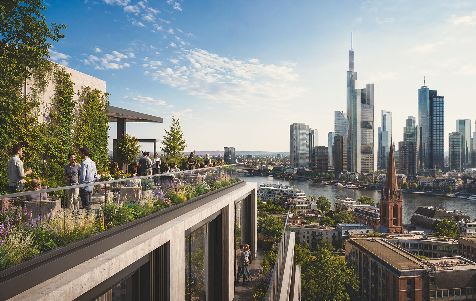 Immobilienvisualisierung einer begrünten Dachterrasse mit Blick über den Main auf die Frankfurter Skyline