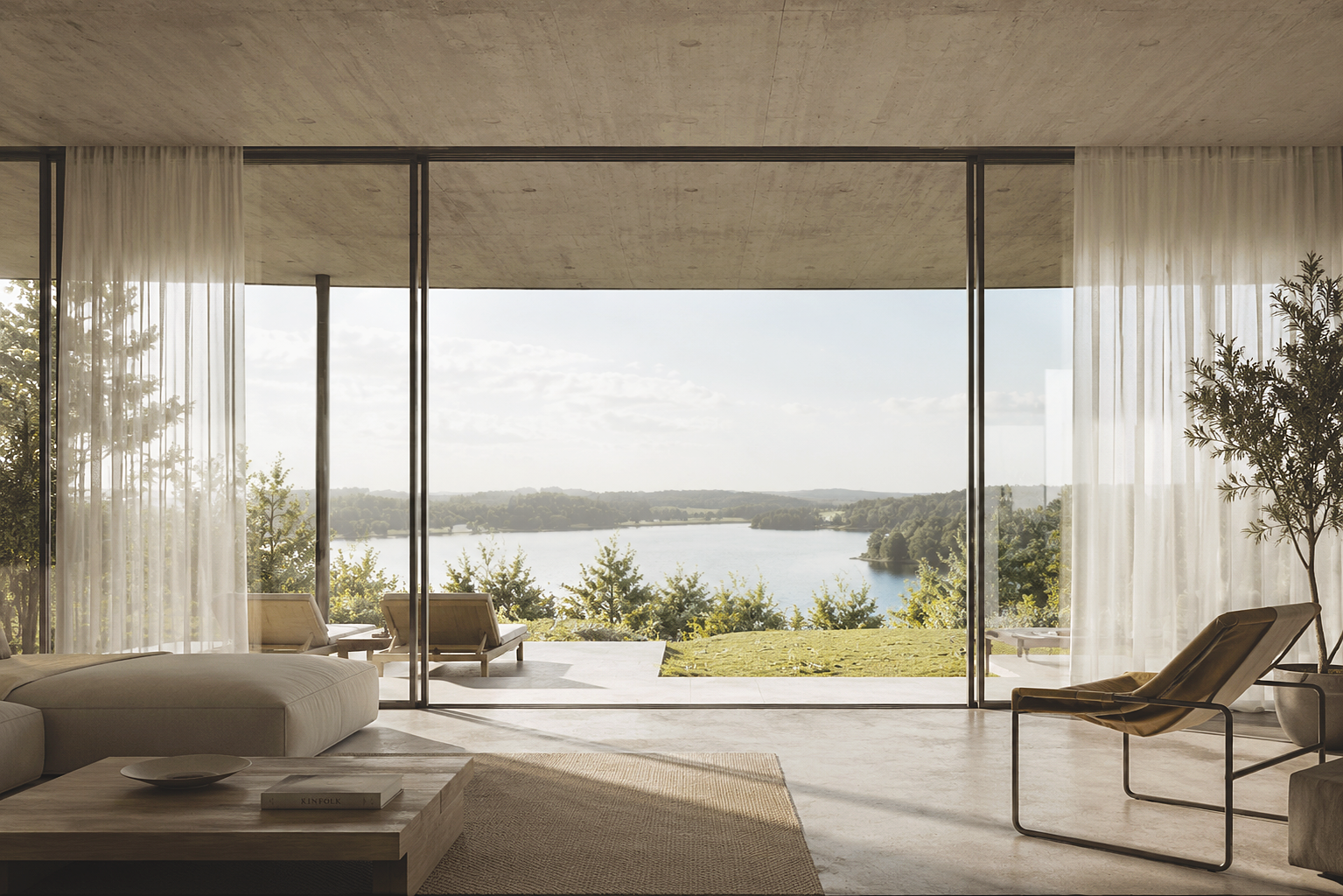 Interior Rendering eines Wohnraums mit raumhoher Verglasung und Blick auf einen See