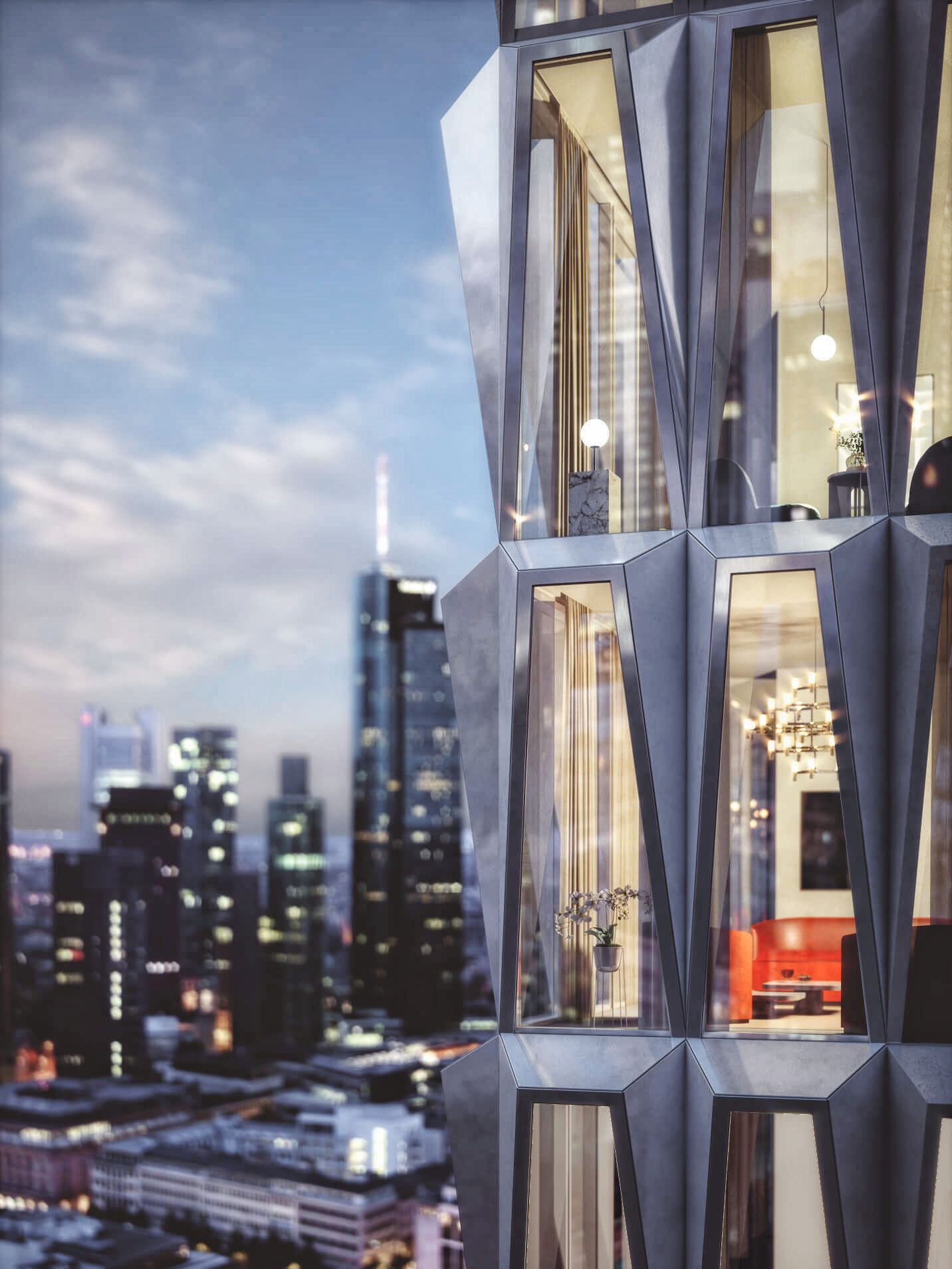Immobilienvisualisierung eines Wohnhochhauses mit gefalteter Glasfassade über der Frankfurter Skyline