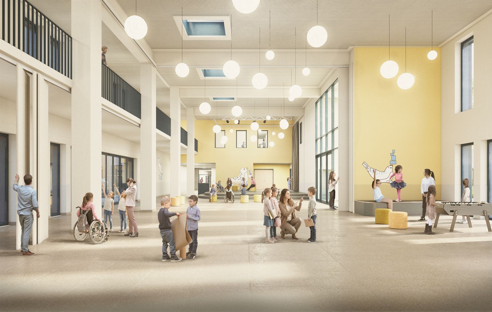 Wettbewerbsvisualisierung eines Schulforums mit Galerieebene, Kugelleuchten und spielenden Kindern
