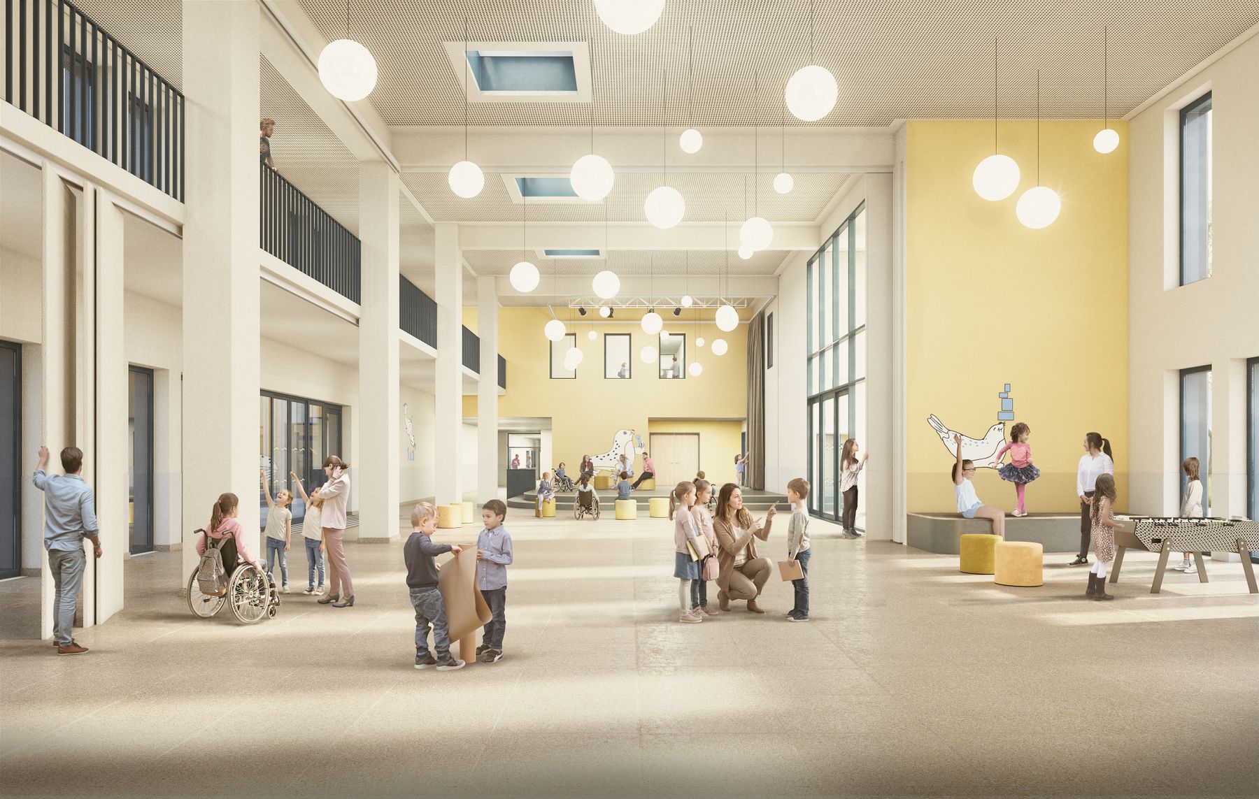 Wettbewerbsvisualisierung eines Schulforums mit Galerieebene, Kugelleuchten und spielenden Kindern