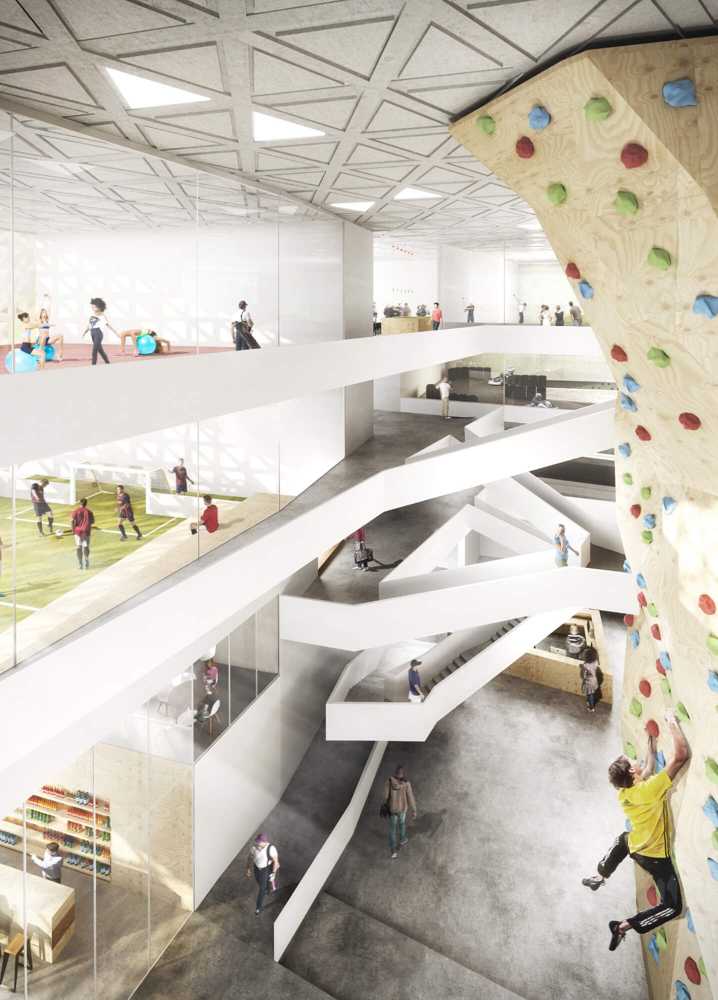 Wettbewerbsvisualisierung eines Sportzentrums mit Kletterwand, Laufsteg und Galerieebenen