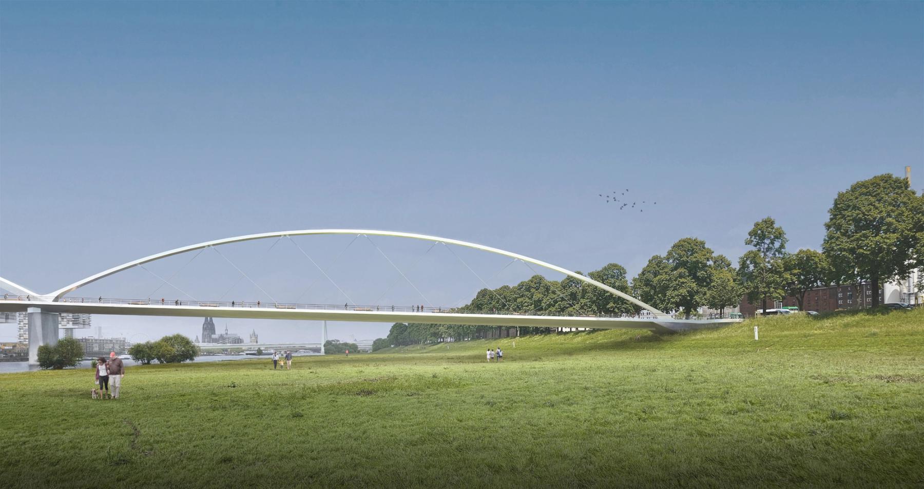 Wettbewerbsvisualisierung einer weißen Bogenbrücke über den Rhein, gesehen von einer Uferwiese