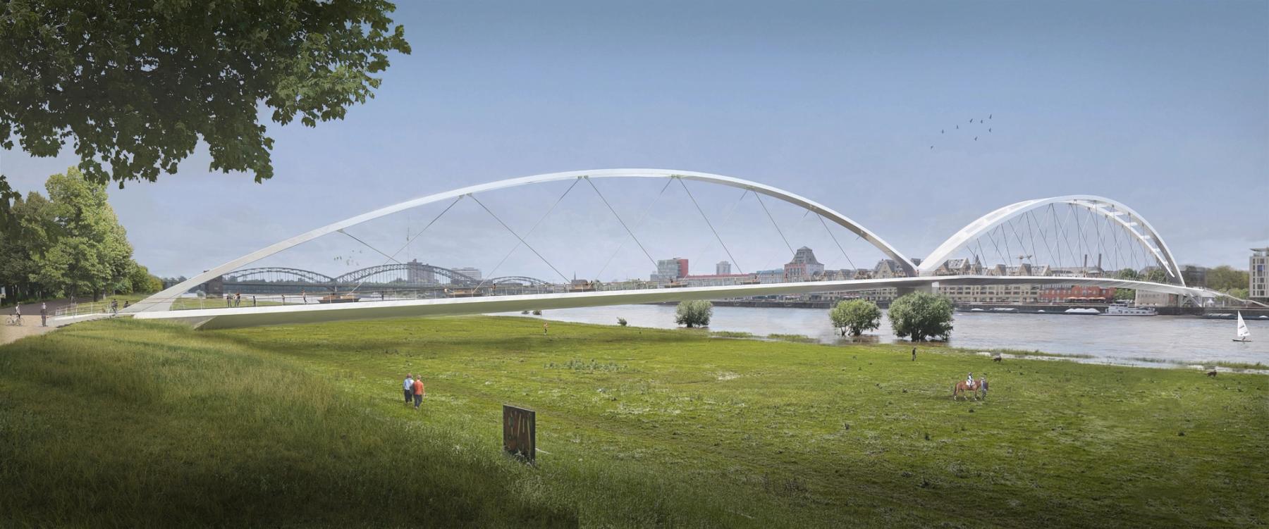 Wettbewerbsvisualisierung einer Bogenbrücke über den Rhein mit Uferpark und Stadtsilhouette