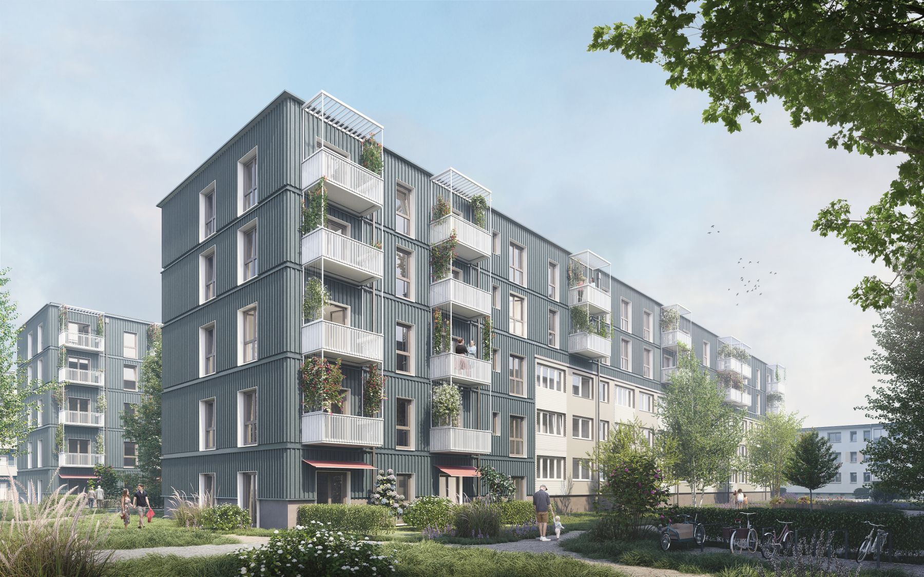 Wettbewerbsvisualisierung eines Wohnquartiers mit dunkel verkleideten Balkonfassaden und begrüntem Innenhof