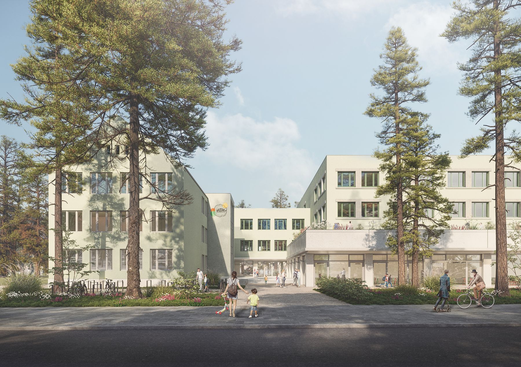 Wettbewerbsvisualisierung einer Schule zwischen hohen Kiefern mit Vorplatz und Radfahrern