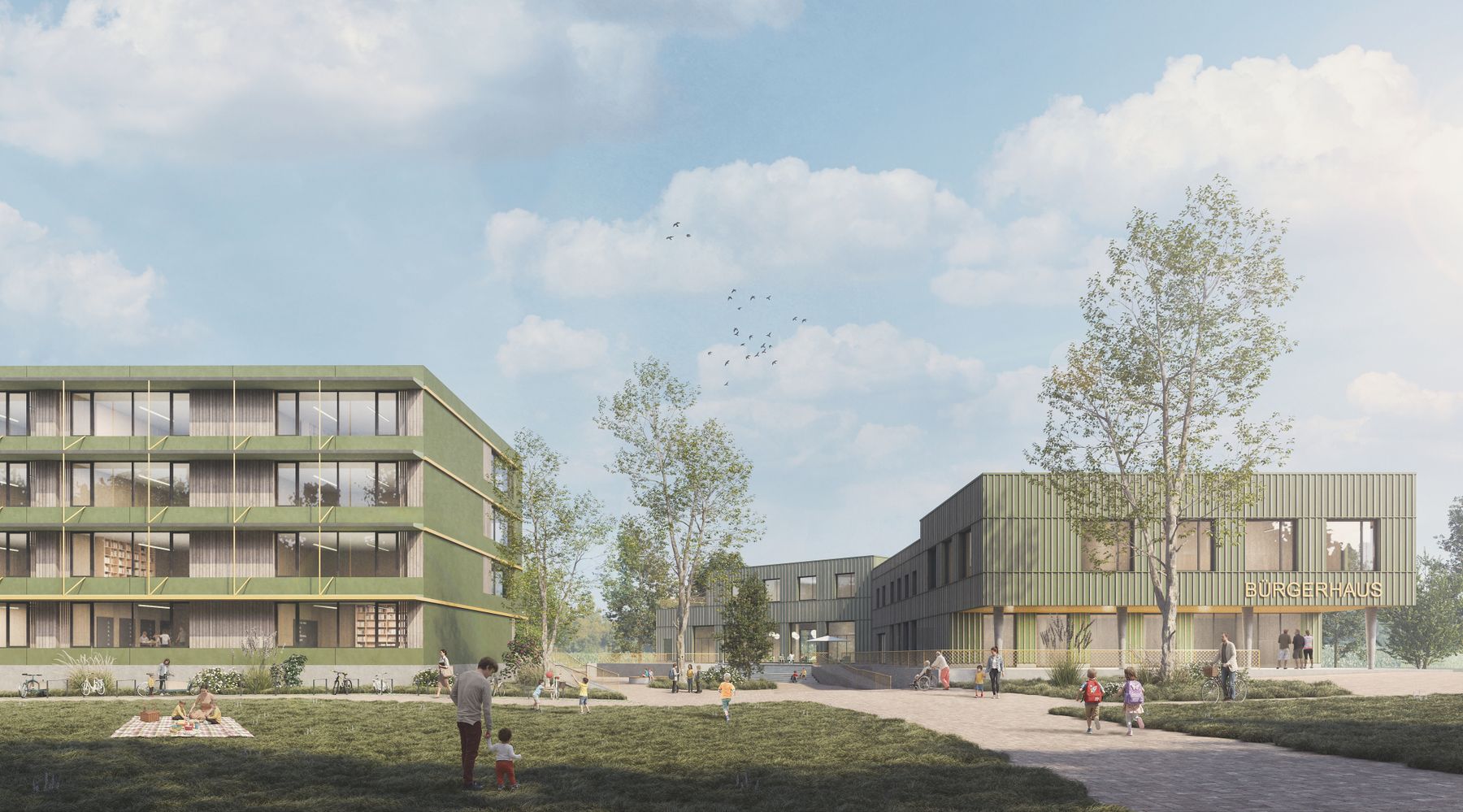 Wettbewerbsvisualisierung eines grün verkleideten Schulgebäudes mit Wiese und Freiflächen