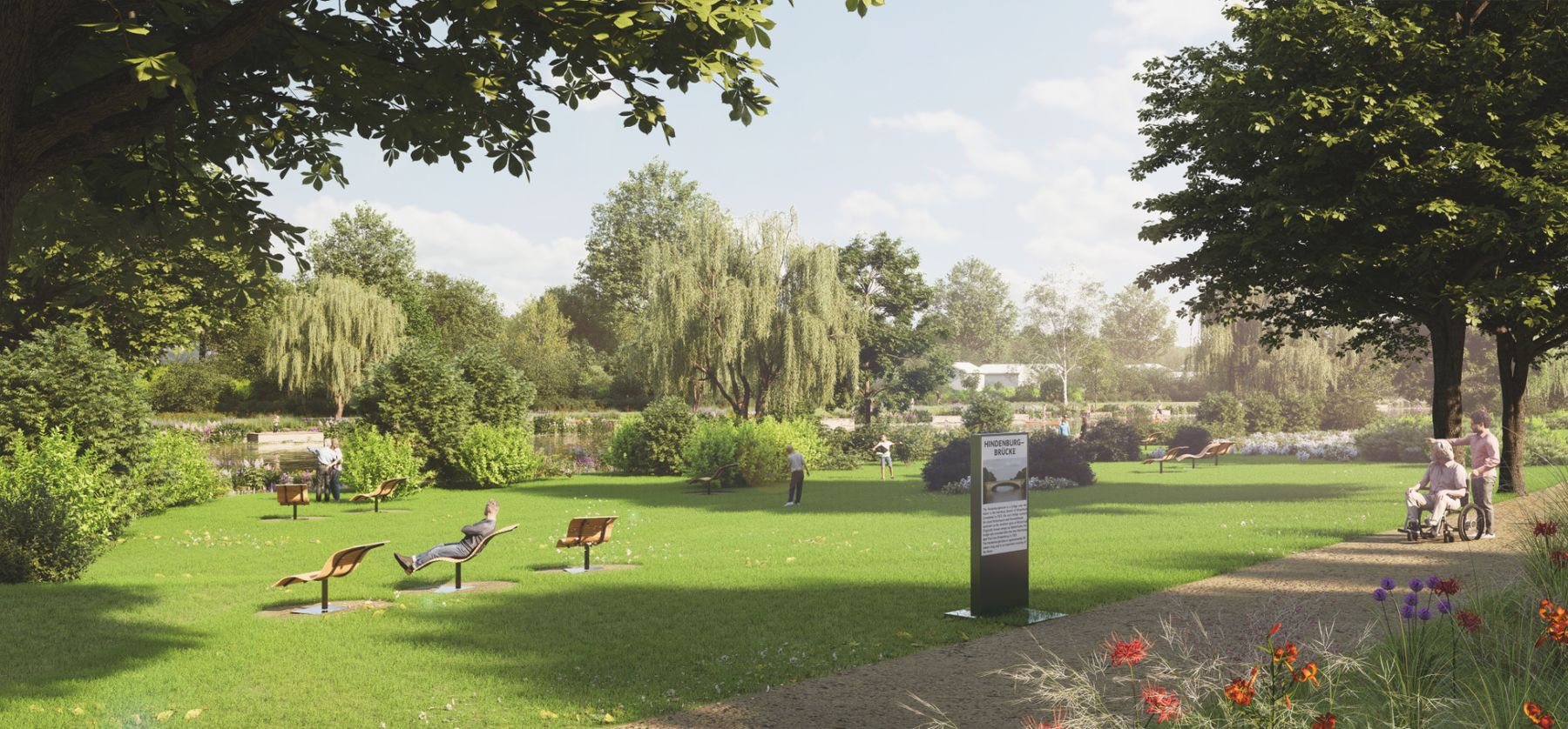 Visualisierung einer Parkanlage an der Alster mit Liegen, Wiese und altem Baumbestand