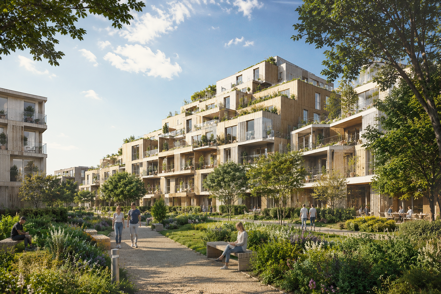 Immobilienvisualisierung eines Wohnquartiers mit begrünten Terrassen und parkartigen Freiräumen