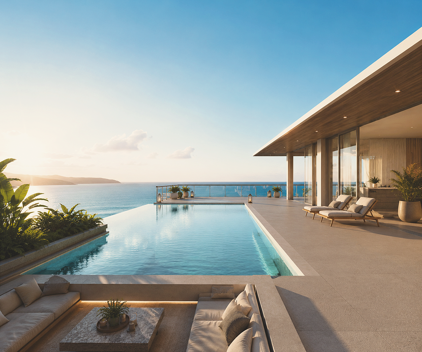 Immobilienvisualisierung einer Villa am Hang mit Infinity-Pool, Lounge und Meerblick
