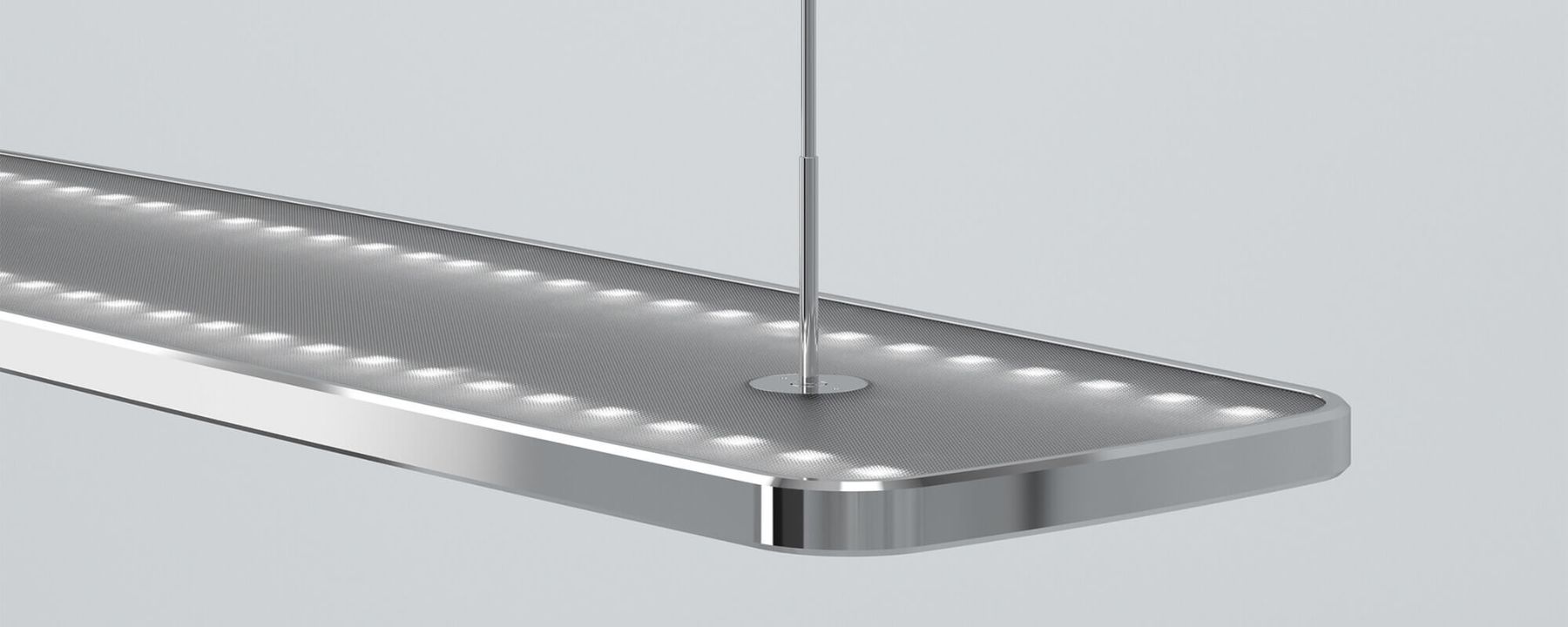 Produktvisualisierung einer flachen LED-Pendelleuchte in Nahaufnahme