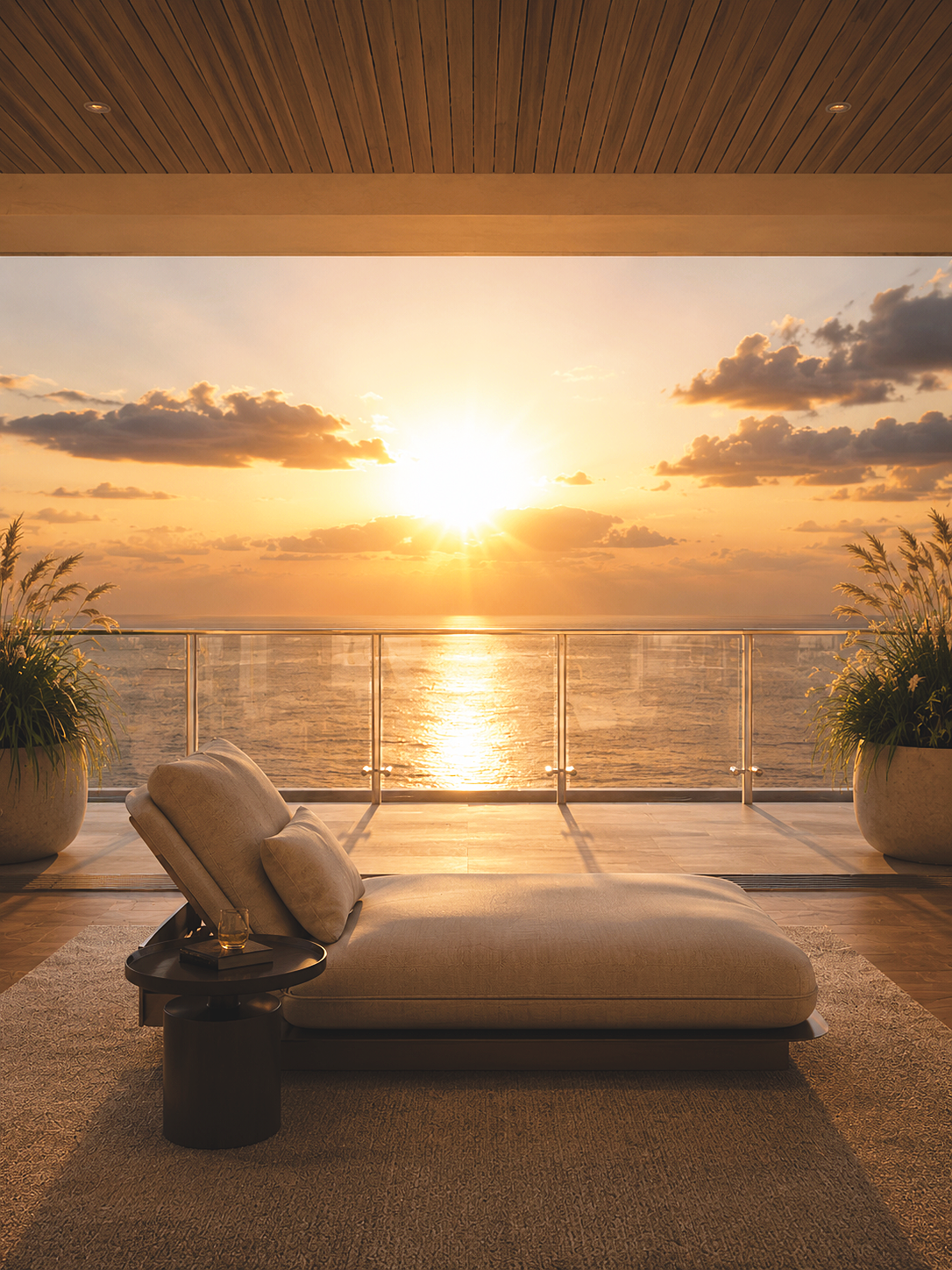 Immobilienvisualisierung einer Dachterrasse mit Liege und Sonnenuntergang über dem Wasser