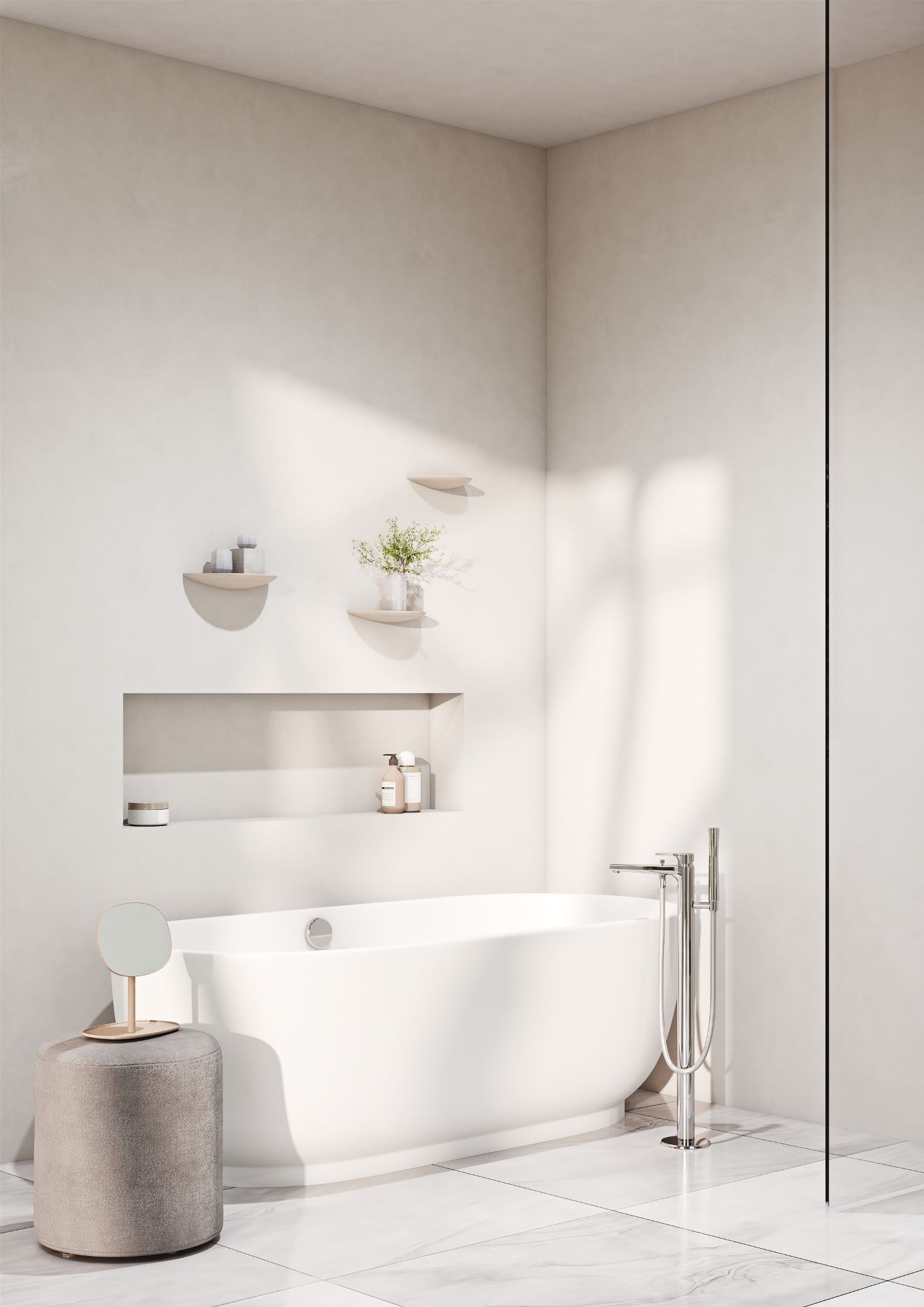 Produktvisualisierung eines hellen Badezimmers mit freistehender Badewanne und offenem Duschbereich