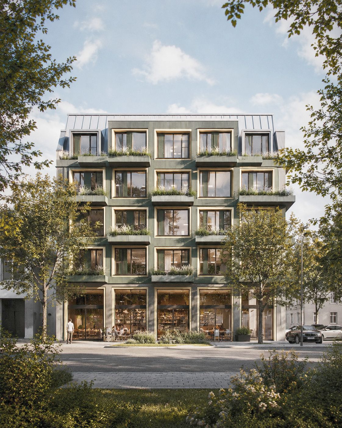 Immobilienvisualisierung eines fünfgeschossigen Stadtwohnhauses mit begrünter Fassade und Straßenbäumen