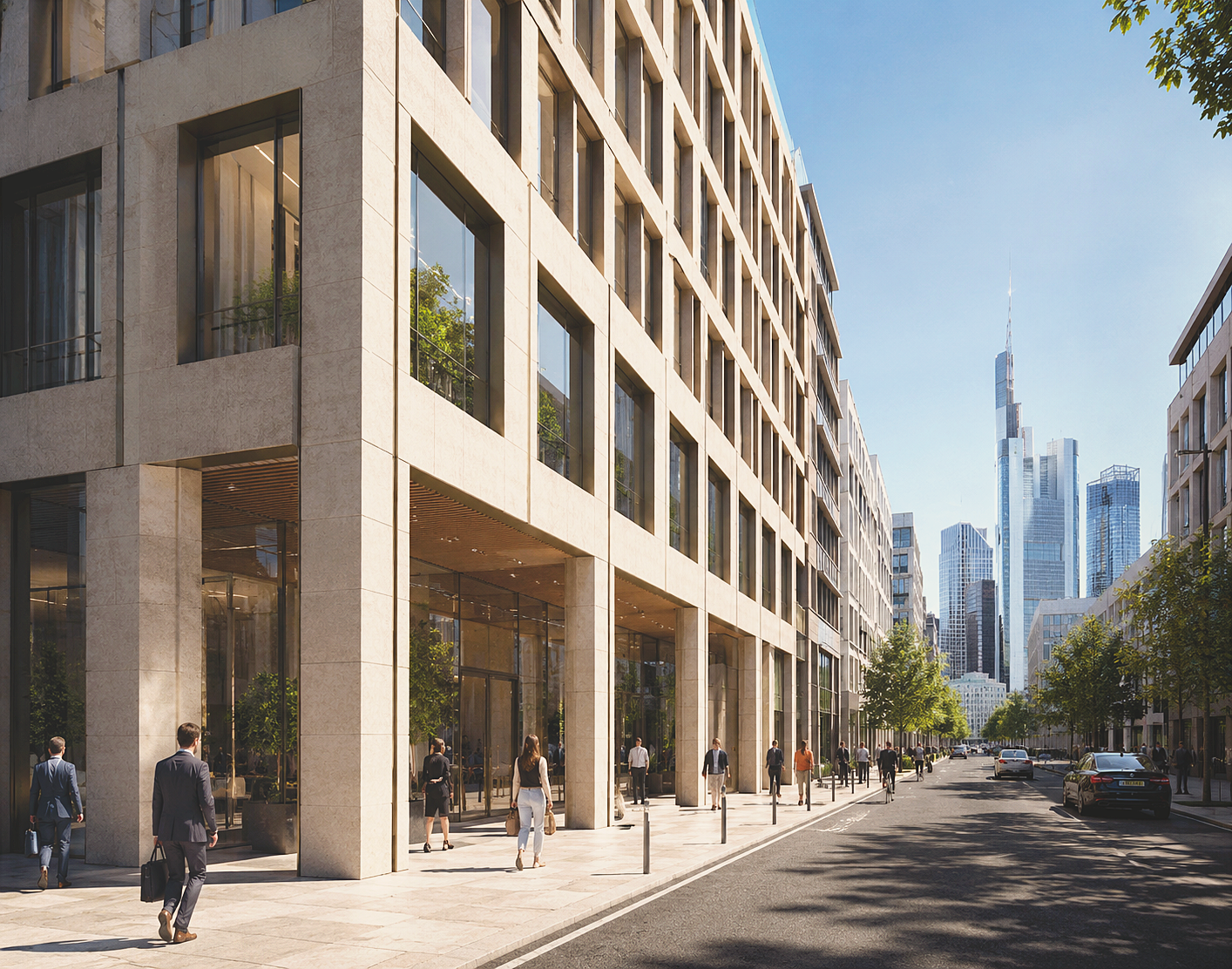 Immobilienvisualisierung eines Bürogebäudes mit Natursteinfassade und belebtem Straßenraum