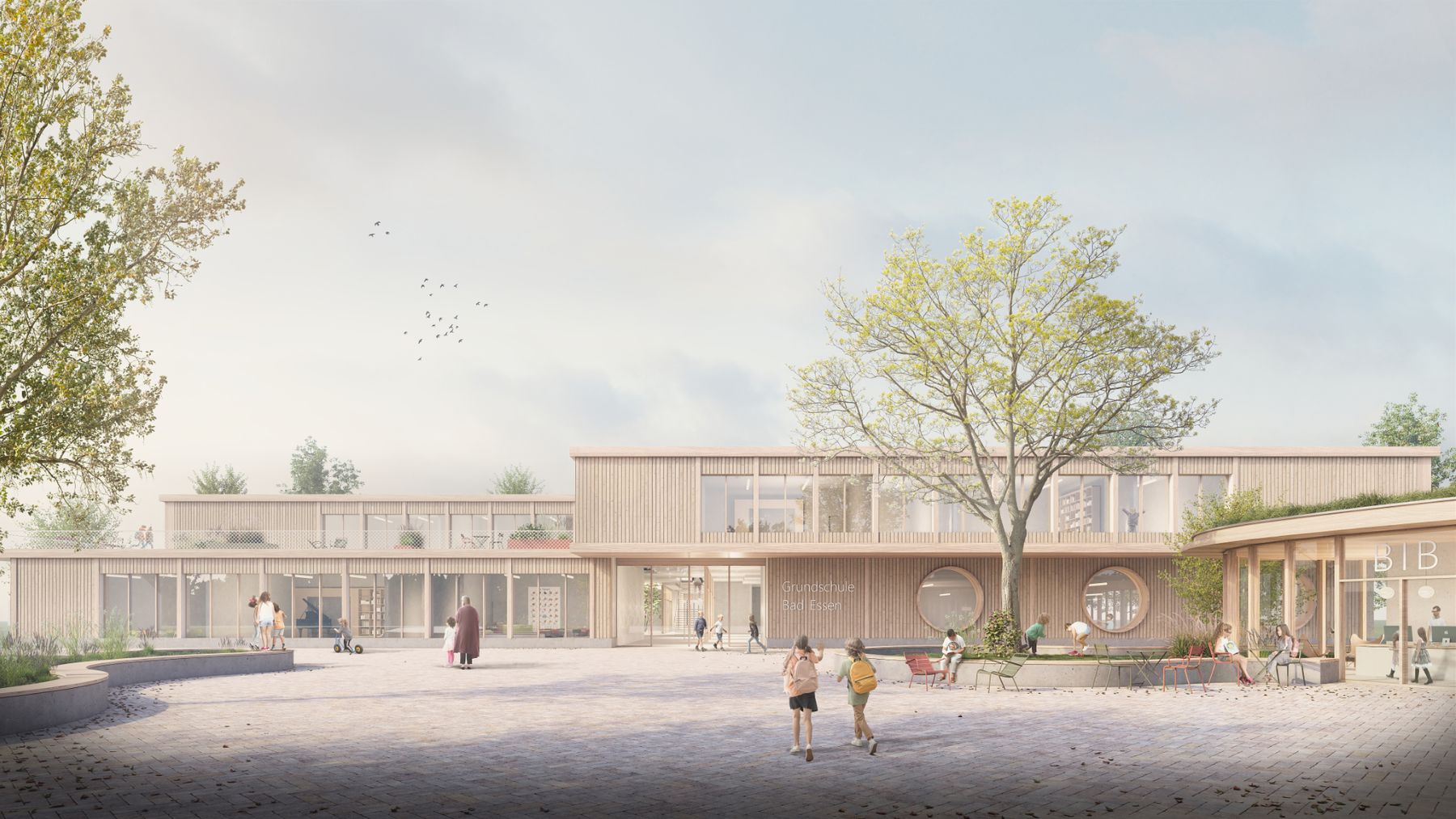 Wettbewerbsvisualisierung einer eingeschossigen Grundschule in Holzbauweise mit Schulhof und Baumbestand