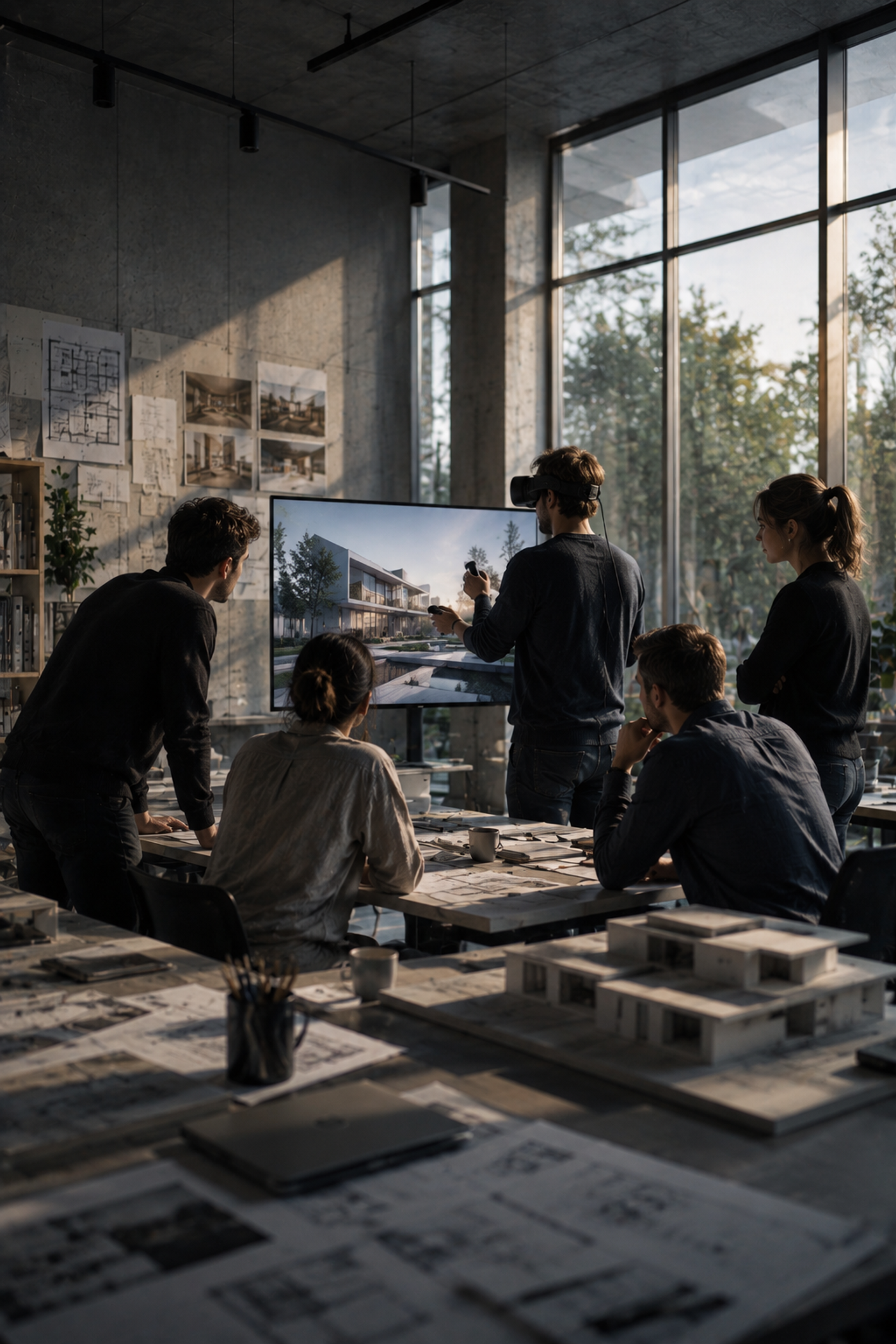 Atelier mit Architekturmodell und Plänen