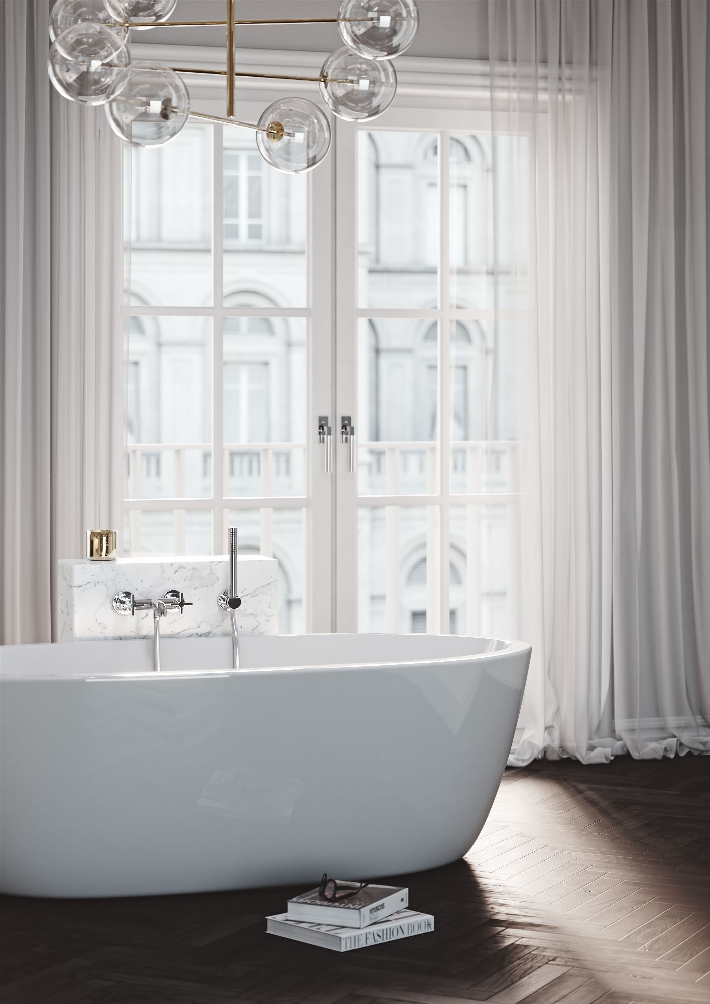 Interior Rendering eines Altbaubads mit freistehender Badewanne vor hohem Fenster