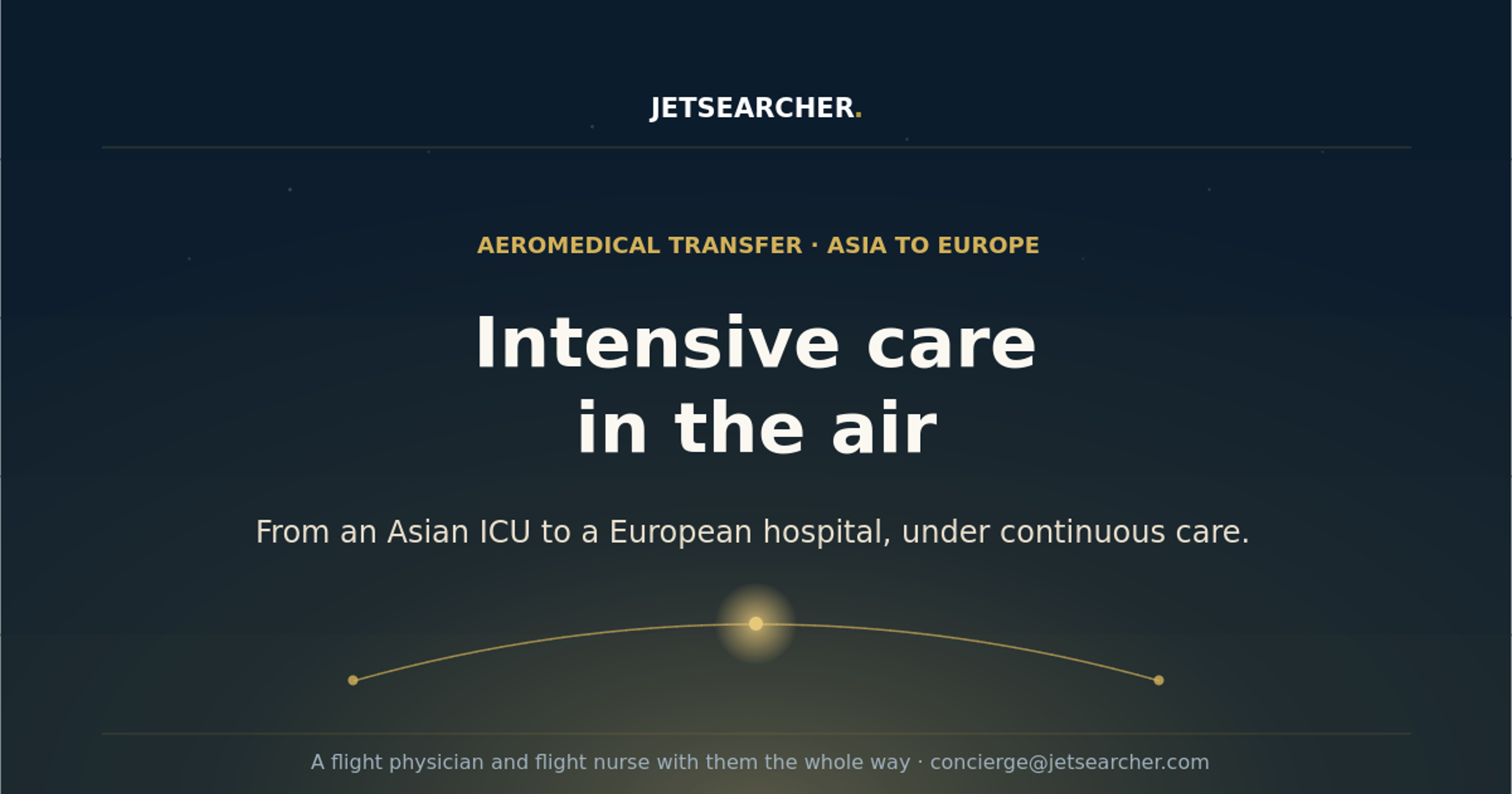 How intensive care patients travel from Asia to European hospitals by air ambulance, including ECMO transfers, and how a bed-to-bed transfer is arranged.