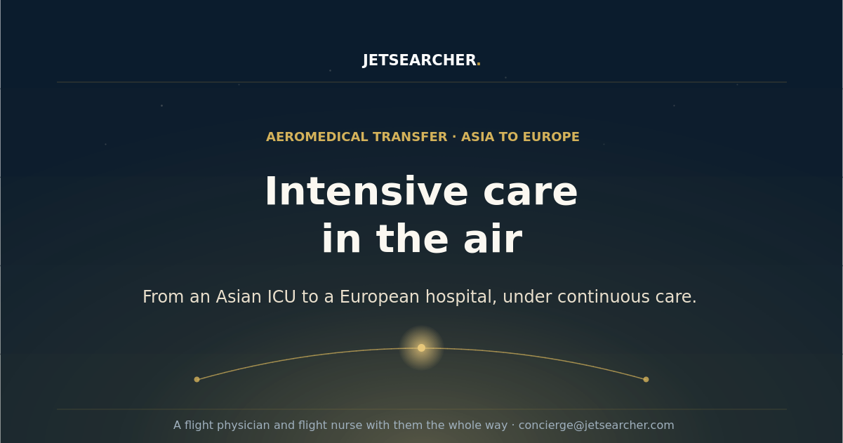 How intensive care patients travel from Asia to European hospitals by air ambulance, including ECMO transfers, and how a bed-to-bed transfer is arranged.