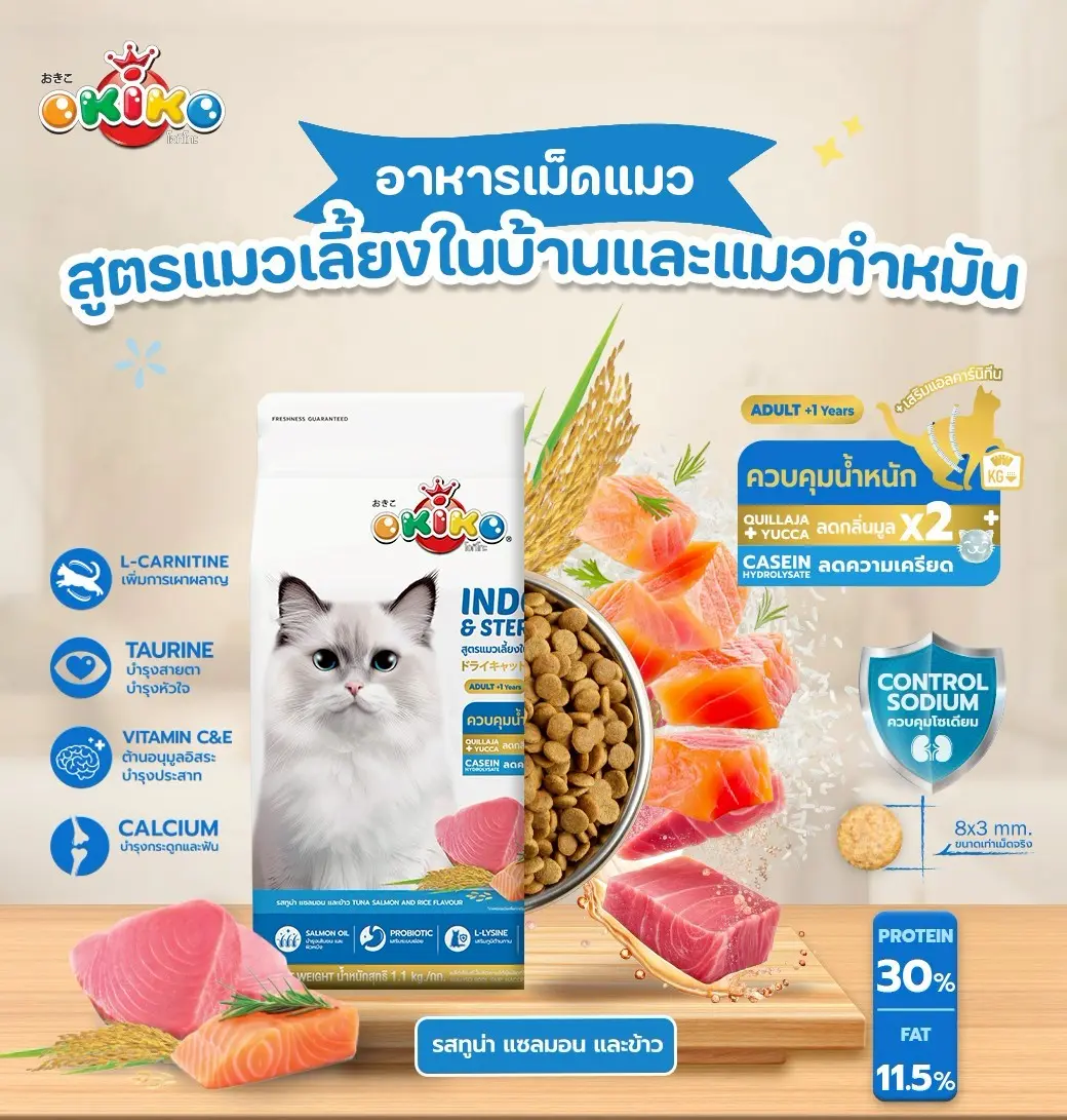 OKIKO โอกิโกะ INDOOR & STERILISED อาหารเม็ดเเมว แมวเลี้ยงในบ้าน หรือทำหมัน 8 กิโลกรัม1