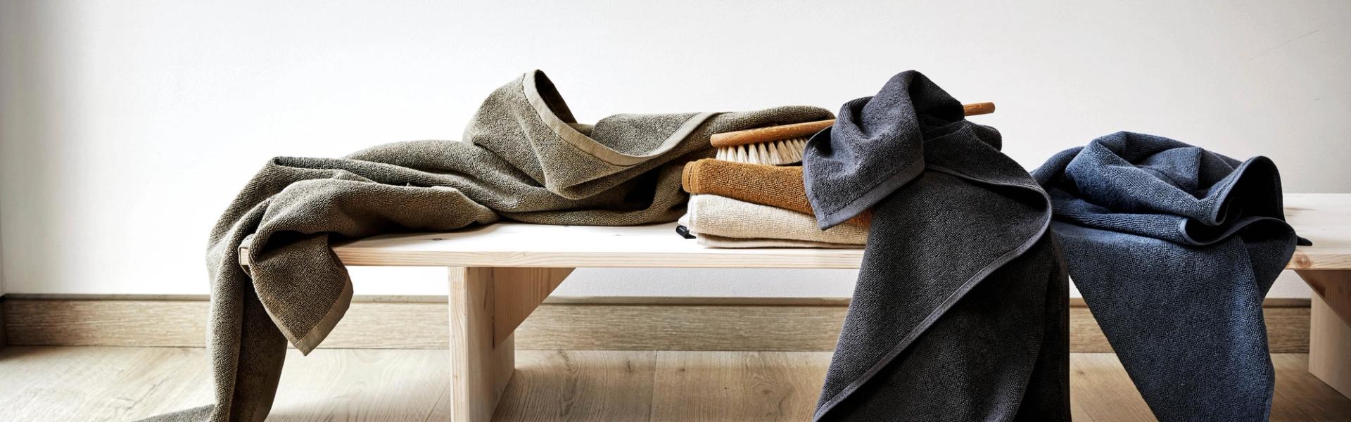Et minimalistisk oppsett med myke håndklær i ulike jordnære nyanser – olivengrønn, beige, okergul, mørk grå og dyp blå – drapert over en benk i lyst tre. En naturlig kroppsbørste ligger blant de sammenrullede håndklærne, og settingen gir et avslappet og innbydende spa- eller baderomspreg.