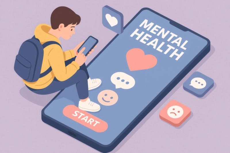 Illustrasjon av ung person som sitter oppå en mobiltelefon, der det står mental health og start.