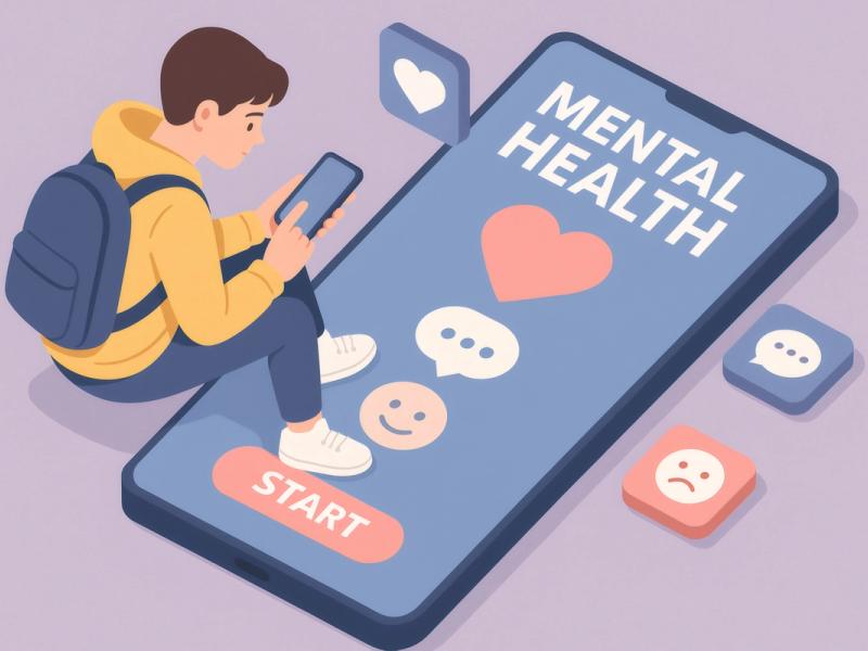 Illustrasjon av ung person som sitter oppå en mobiltelefon, der det står mental health og start.