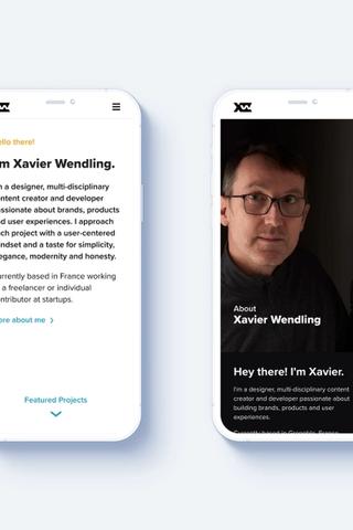 Xavier Wendling website 2021 redesign. iPhone mockups.