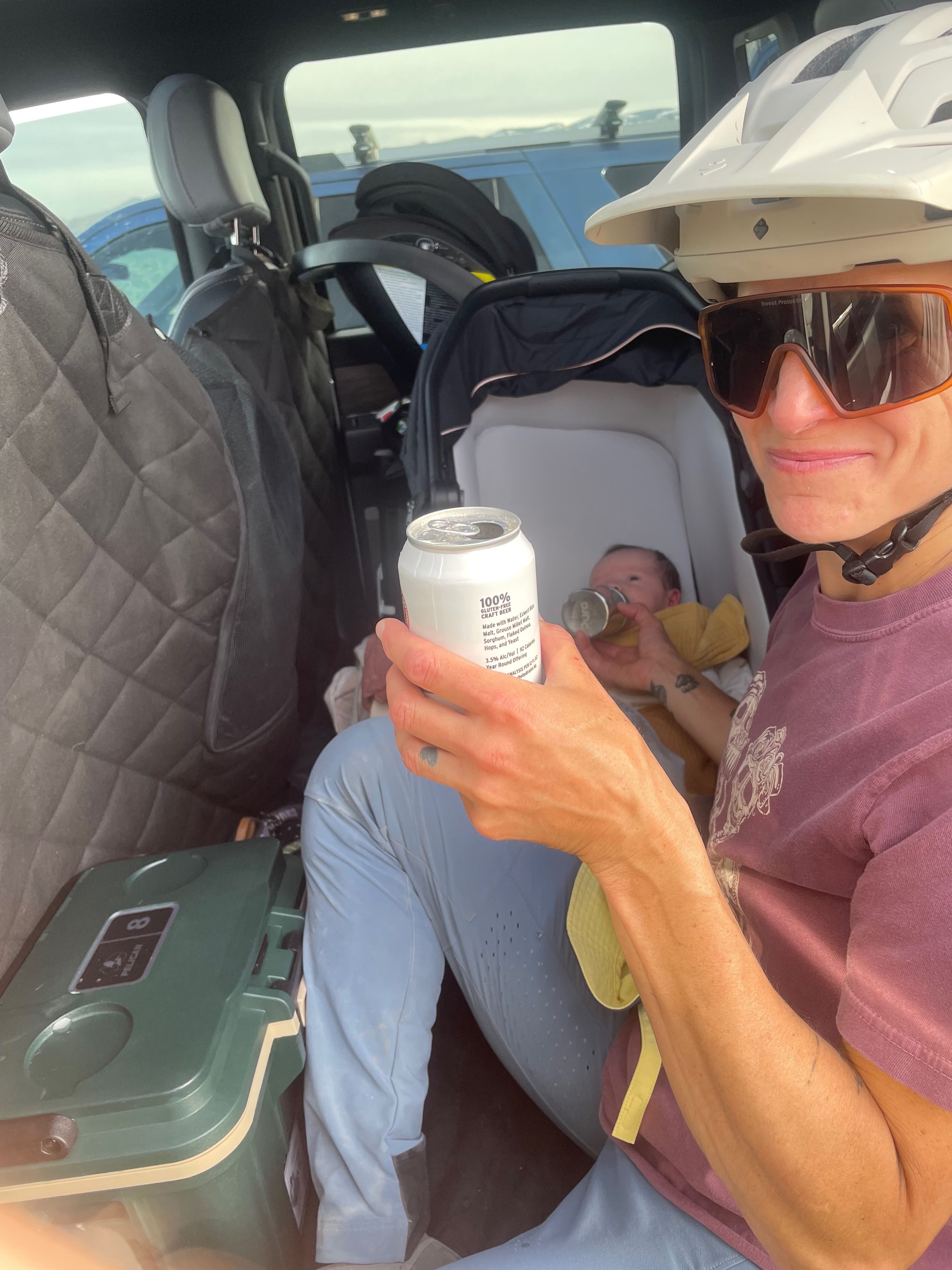 Short break during mountain biking family adventure