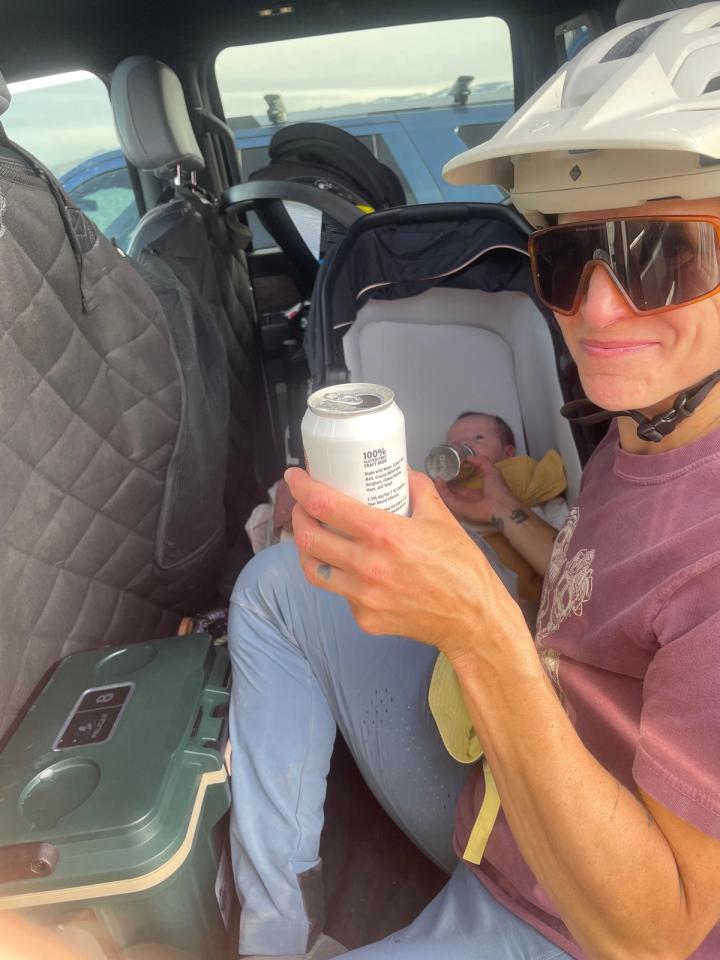 Short break during mountain biking family adventure