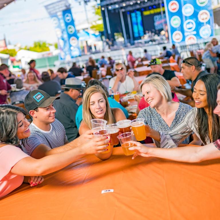 Group of friends toasting with beer.