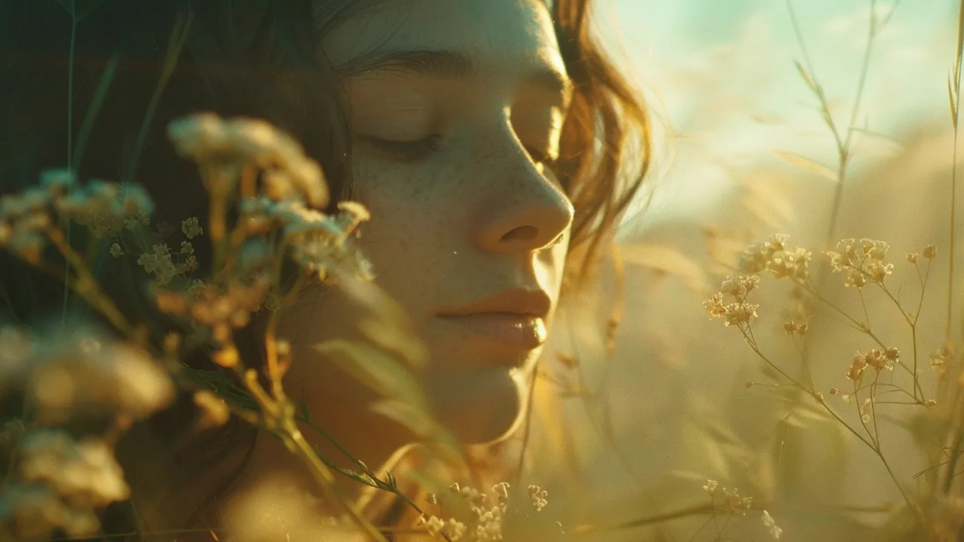 Close up image of a womans face with her eyes closed in a field with flower branches close to her face.