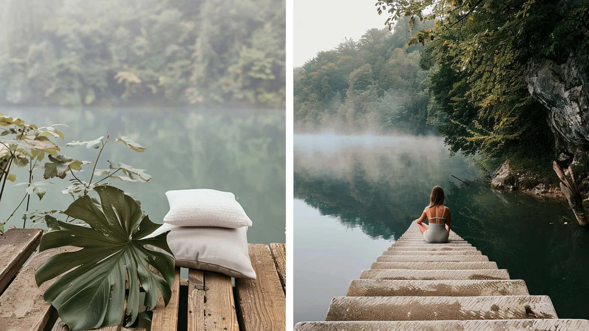 To the right of the image of a woman sitting on a log staircase with her backturned looking over to a body of water. The left of the image showcases a close up image of a stack of pillows on a plank.