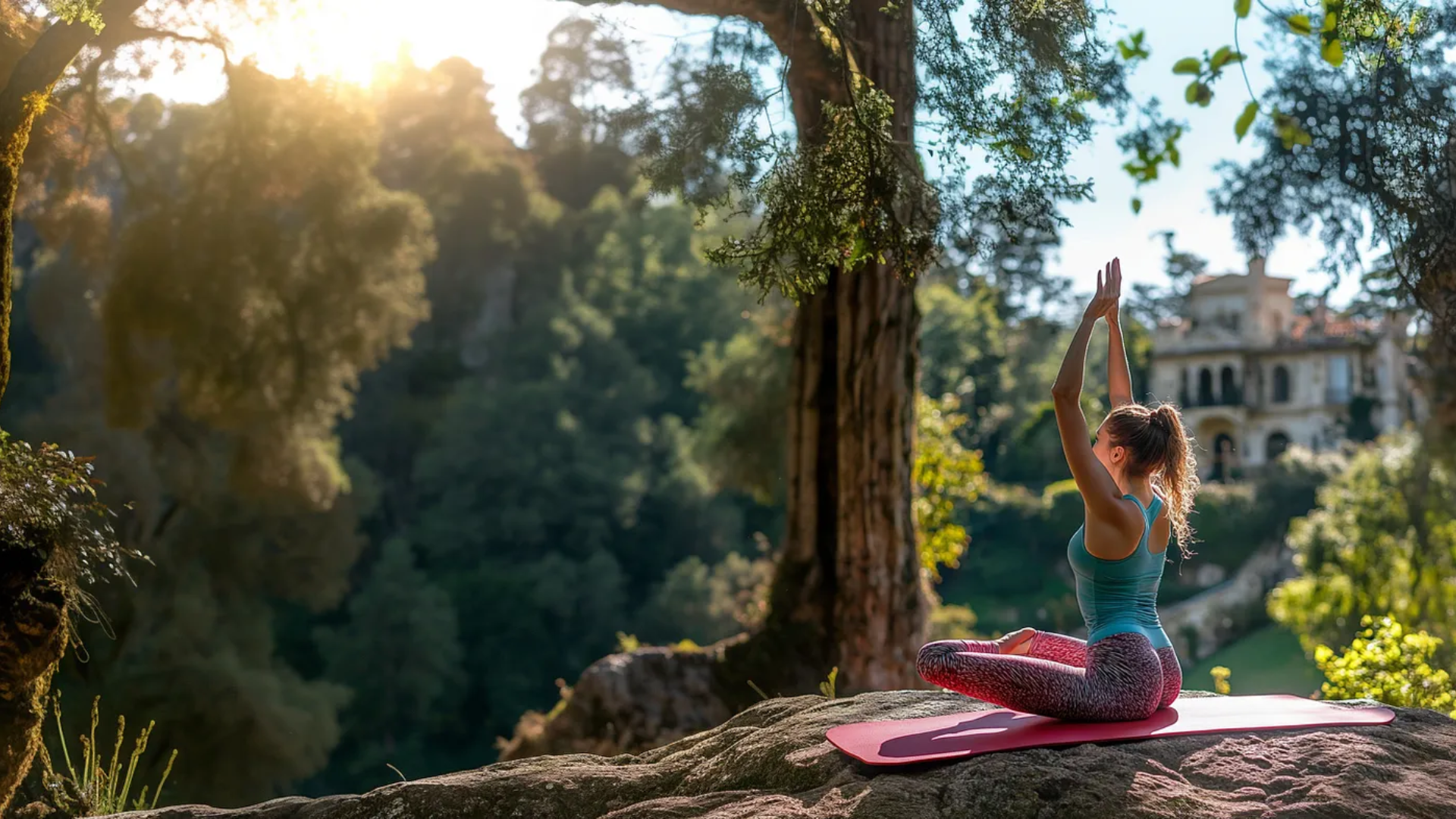 Image of a woman sitting on the edge of a rock on a yoga mat. She is in a yoga position looking off to a forest.