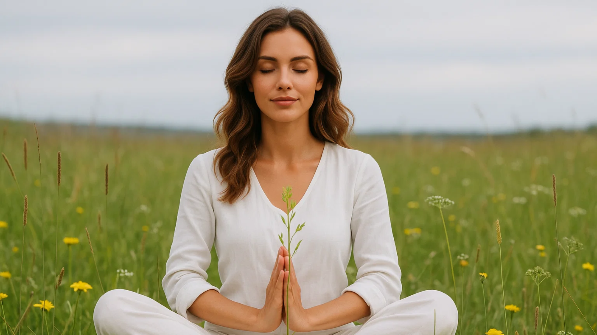 Image of a woman in a yoga position with her eyes closed sitting in a grass field.