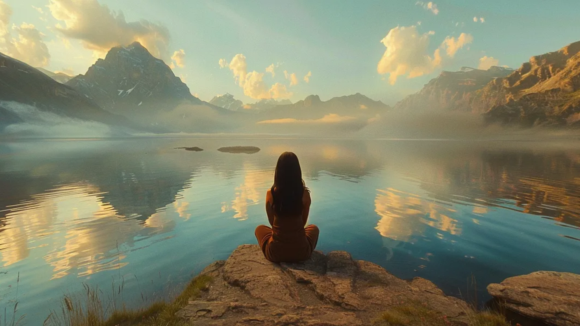 Image of a woman with her back turned sitting on a rock over looking a body of water with mountains in the background.