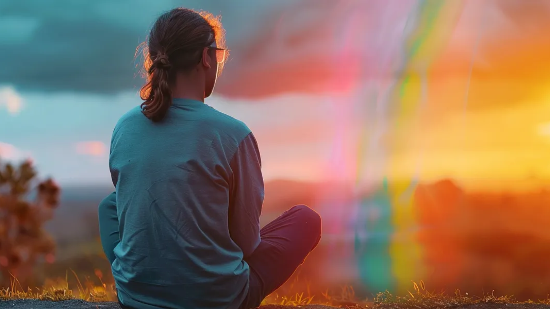 Image of a person sitting cross legged in a grass field with their back turned over looking a rainbow.