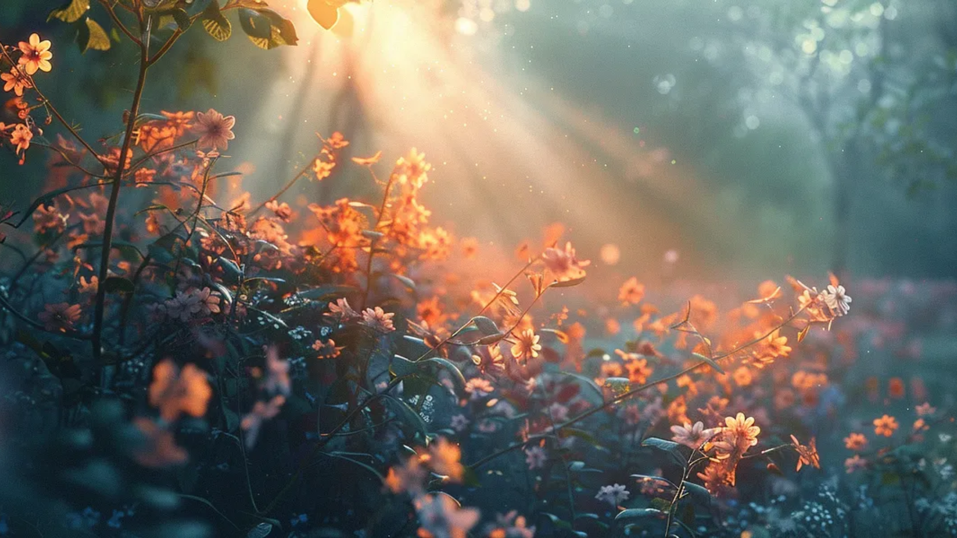 Image of orange flowers in a forest with the sunlight rays shining down on the flowers.