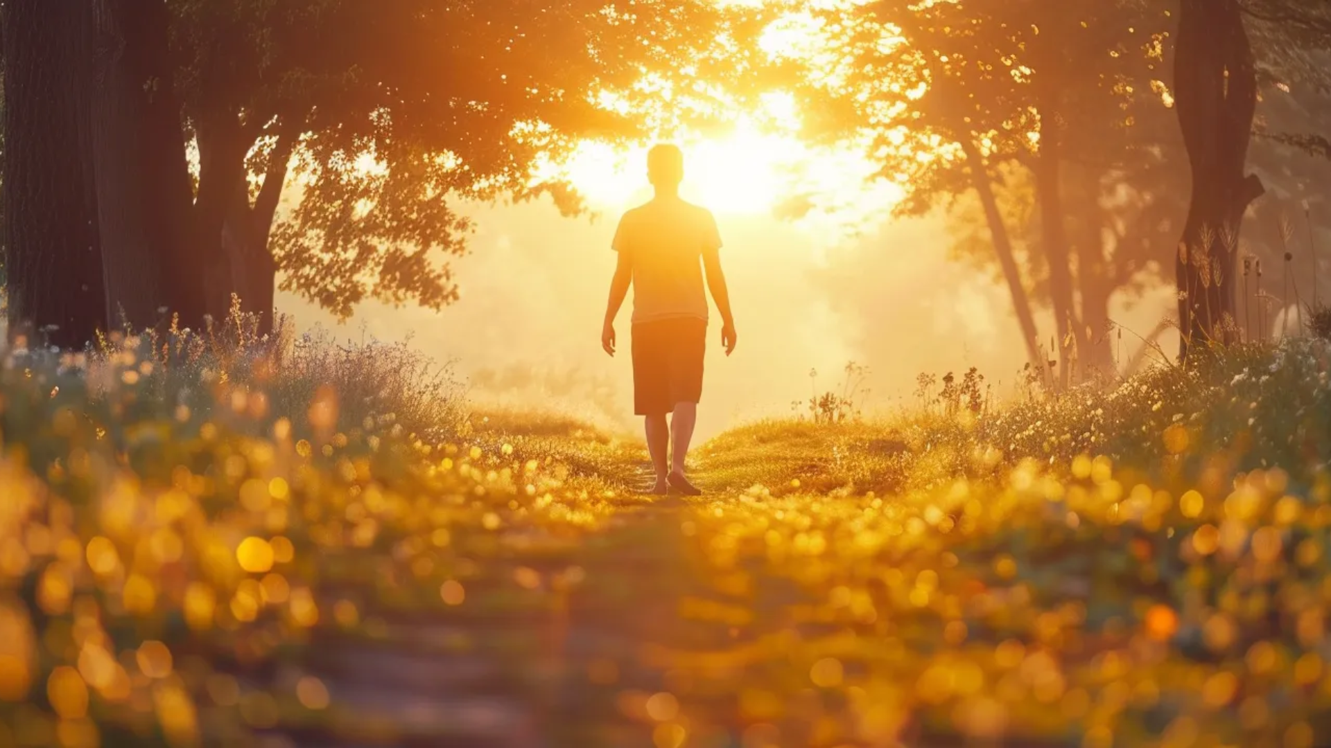 An image of a man walking away in the distance in a forest. The background coloring showcases the orange sunlight sunling down the path.