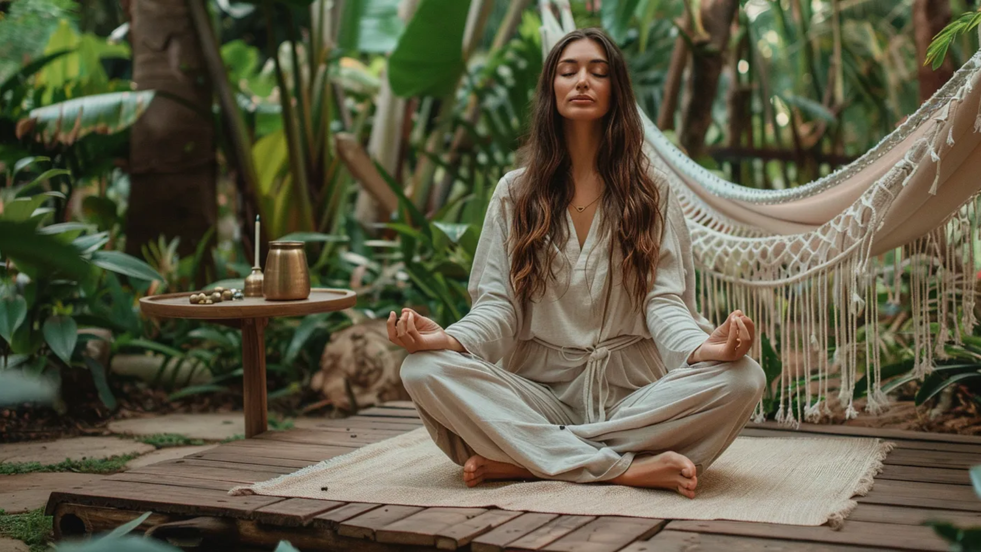 Image of a woman sitting in a yoga position on a platform of wood surrounded by tropical trees.