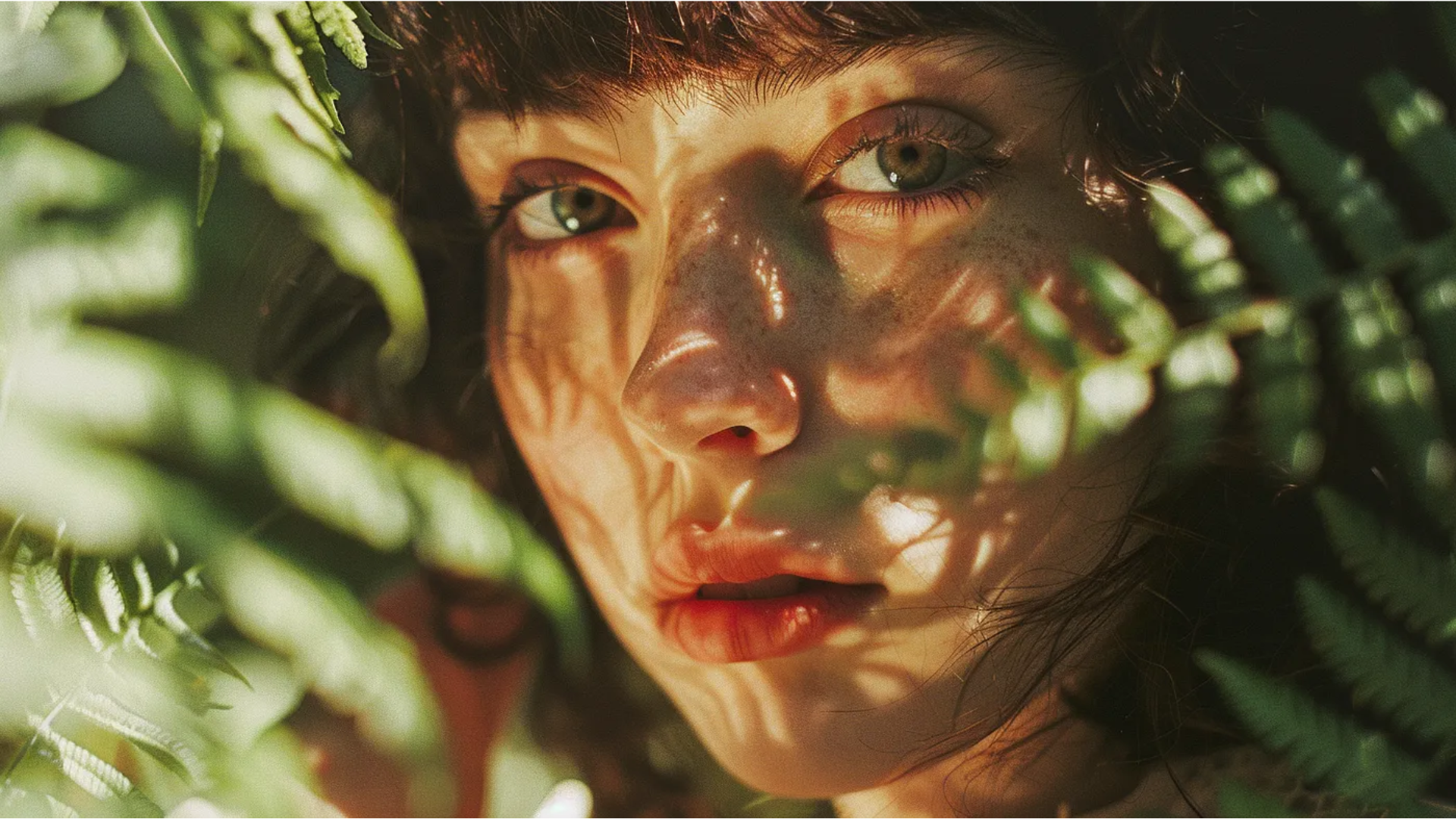 Close up image of a womans face with green branches around her face.