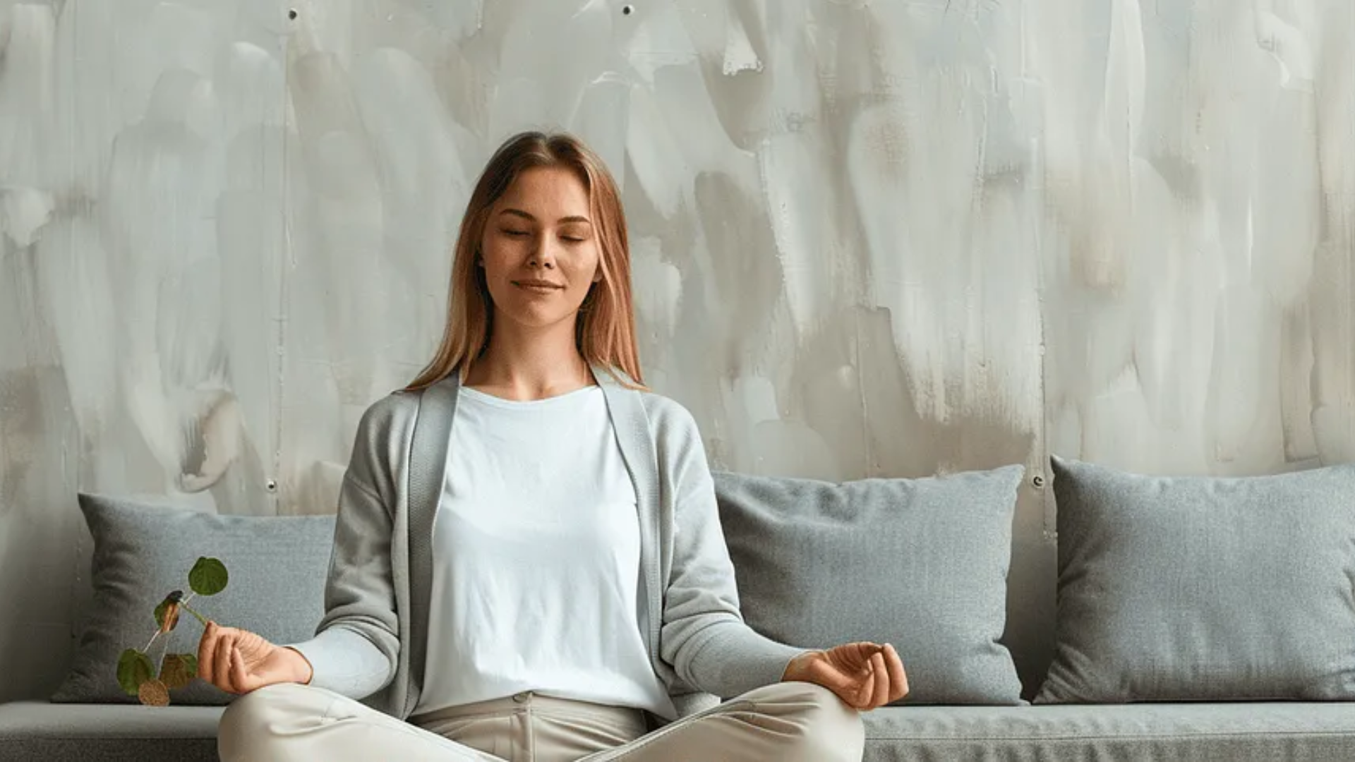 Woman sitting near a sofa in a mediation position