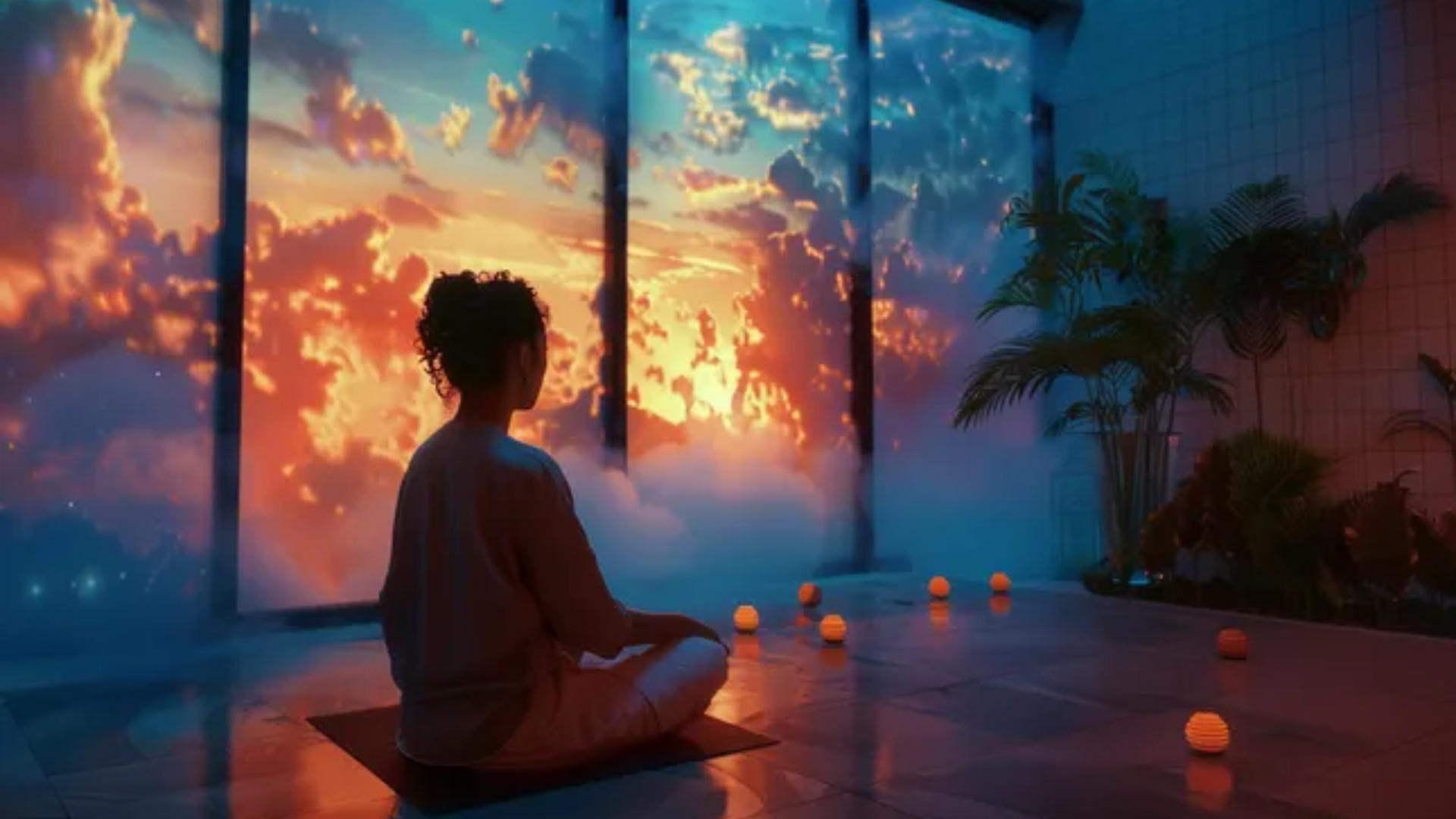 A woman sitting in a studio in a yoga position where the windoes are overlooking a cloudy sunrise