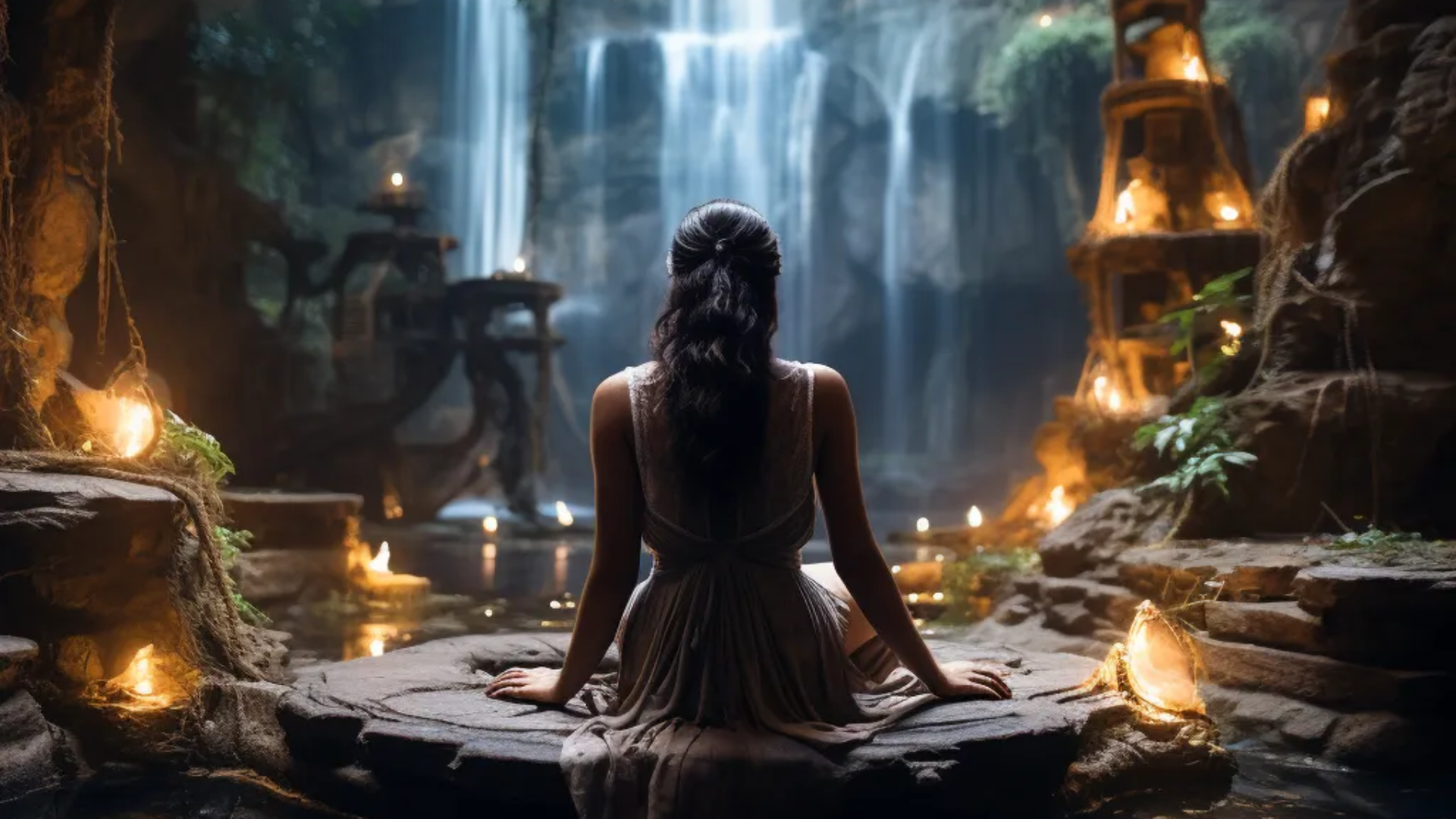 Image of a woman with her back turned sitting in a middle of a waterfall surrounded by rocks and candles.