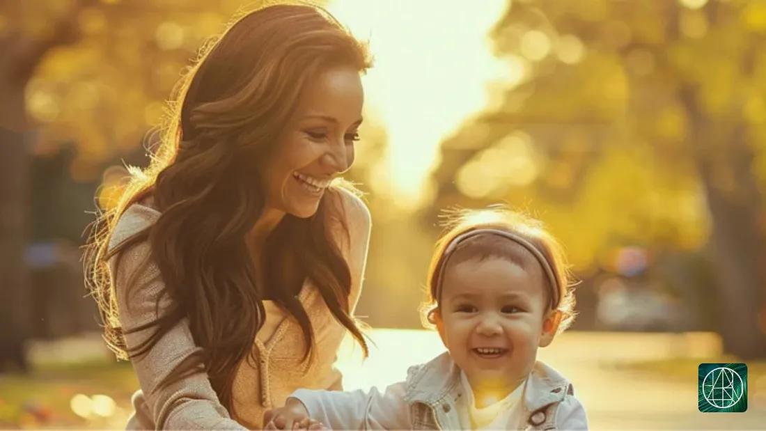 Image of a woman and a young child laughing. Background of a street and trees.