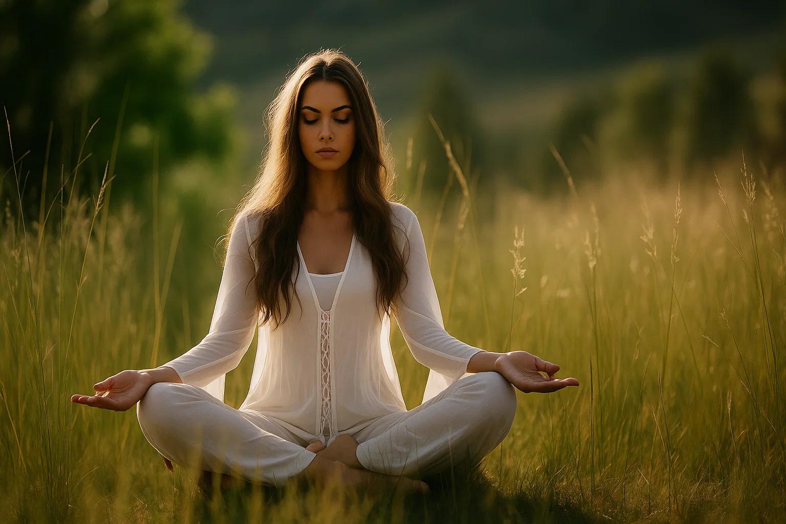 Woman sitting in the middle of a field of tall grass sitting in a yoga position with her eyes closed.