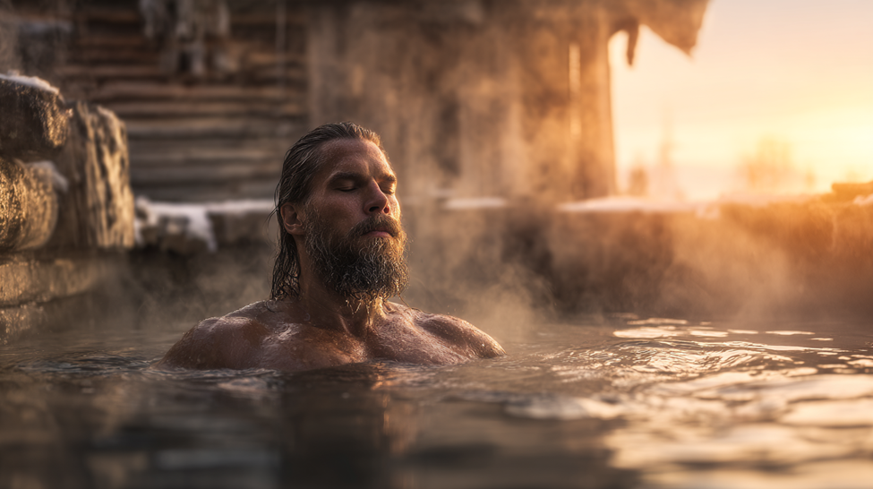 Image of a man in water taking a cold plunge