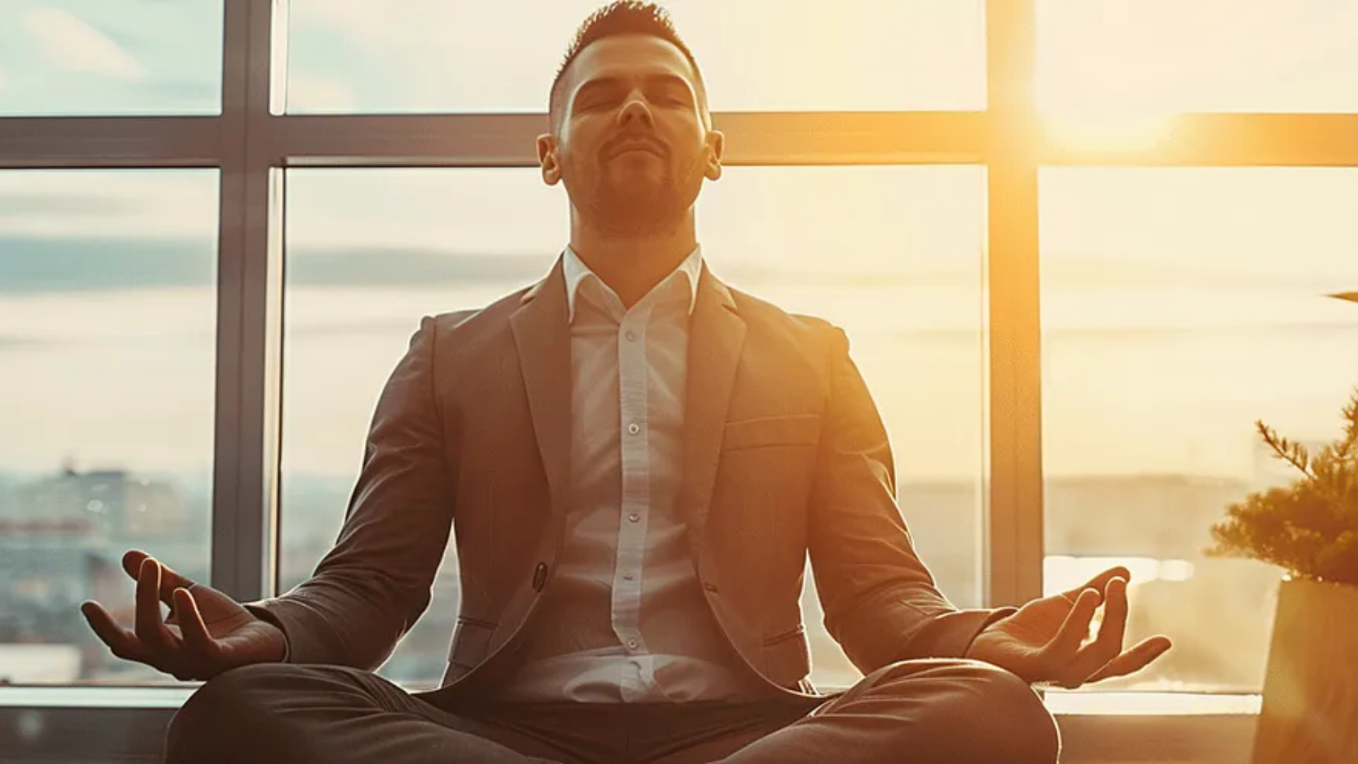 Image of a man wearing a suit in a meditation position.